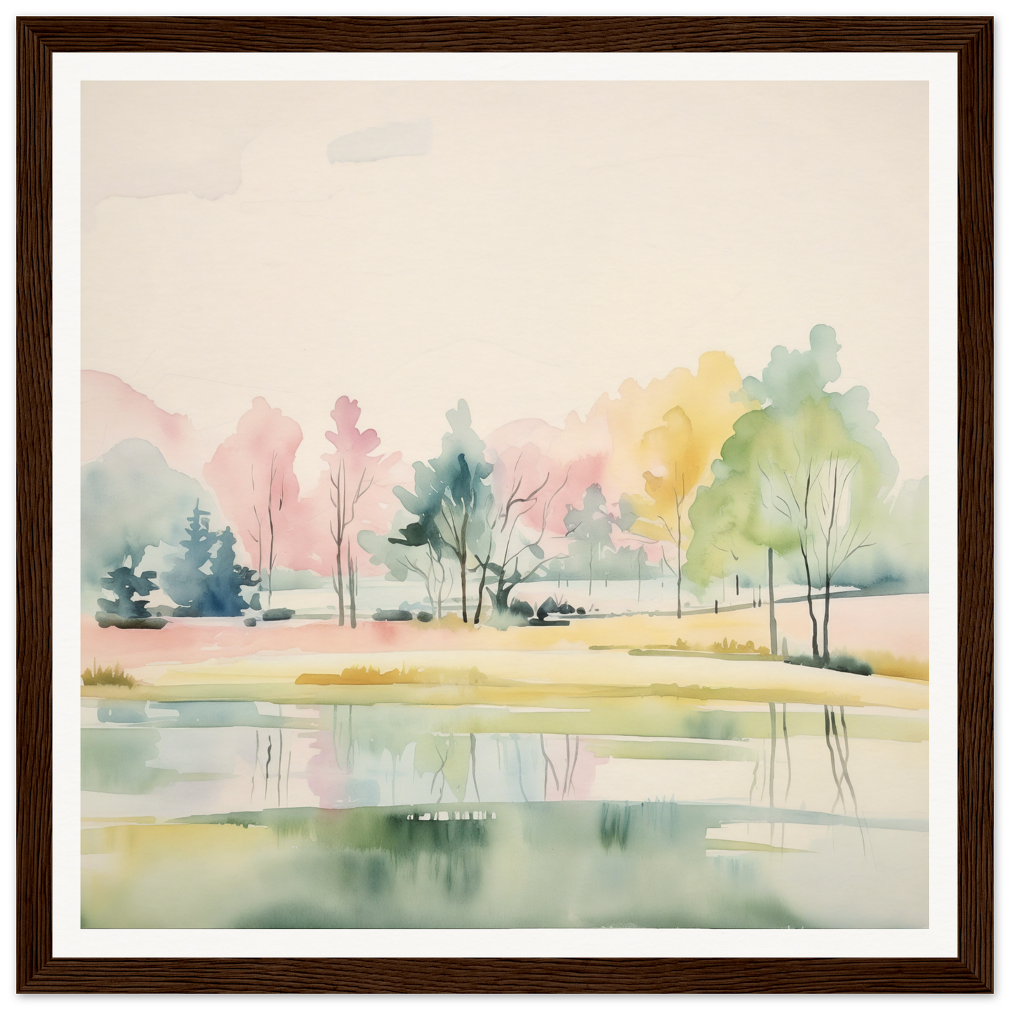 Watercolor painting of a serene lake with pastel trees perfect for nursery wall art