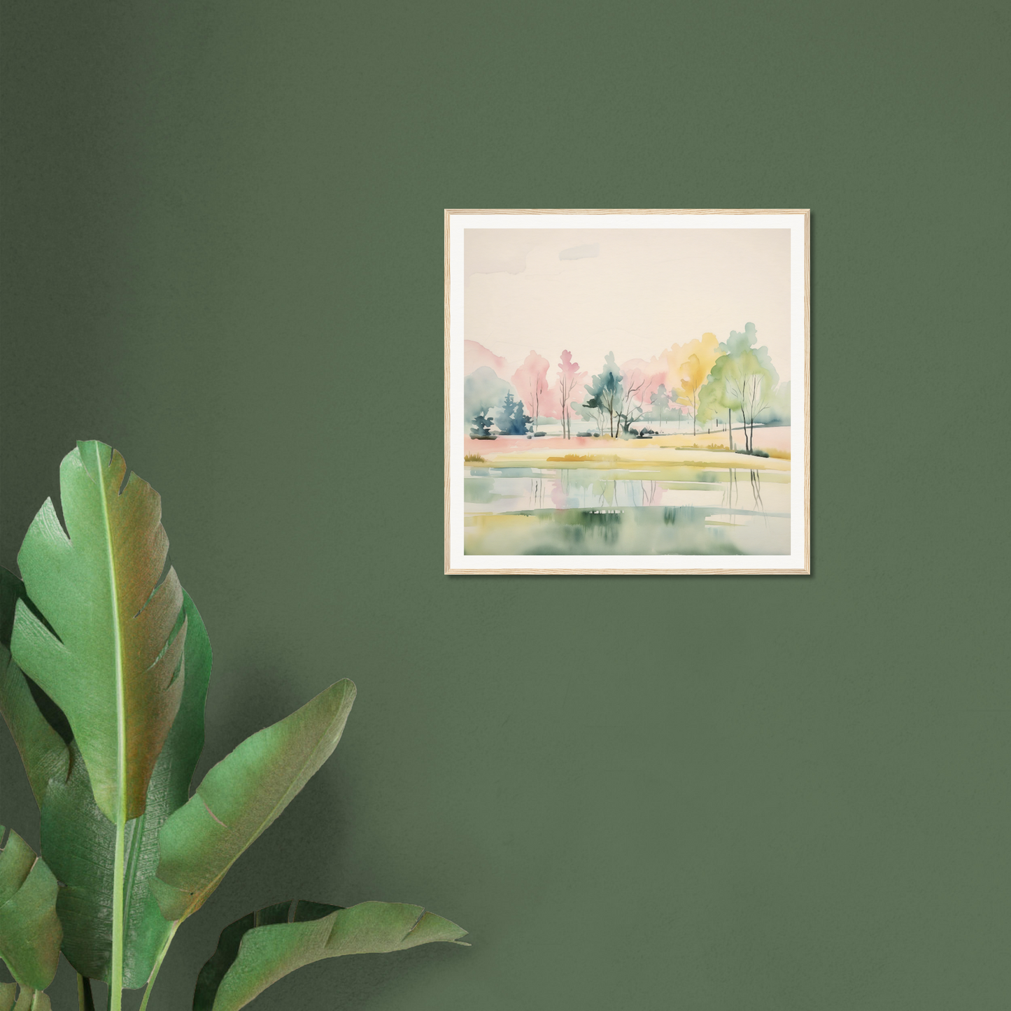 Framed watercolor landscape painting perfect for nursery decor with soft pastels