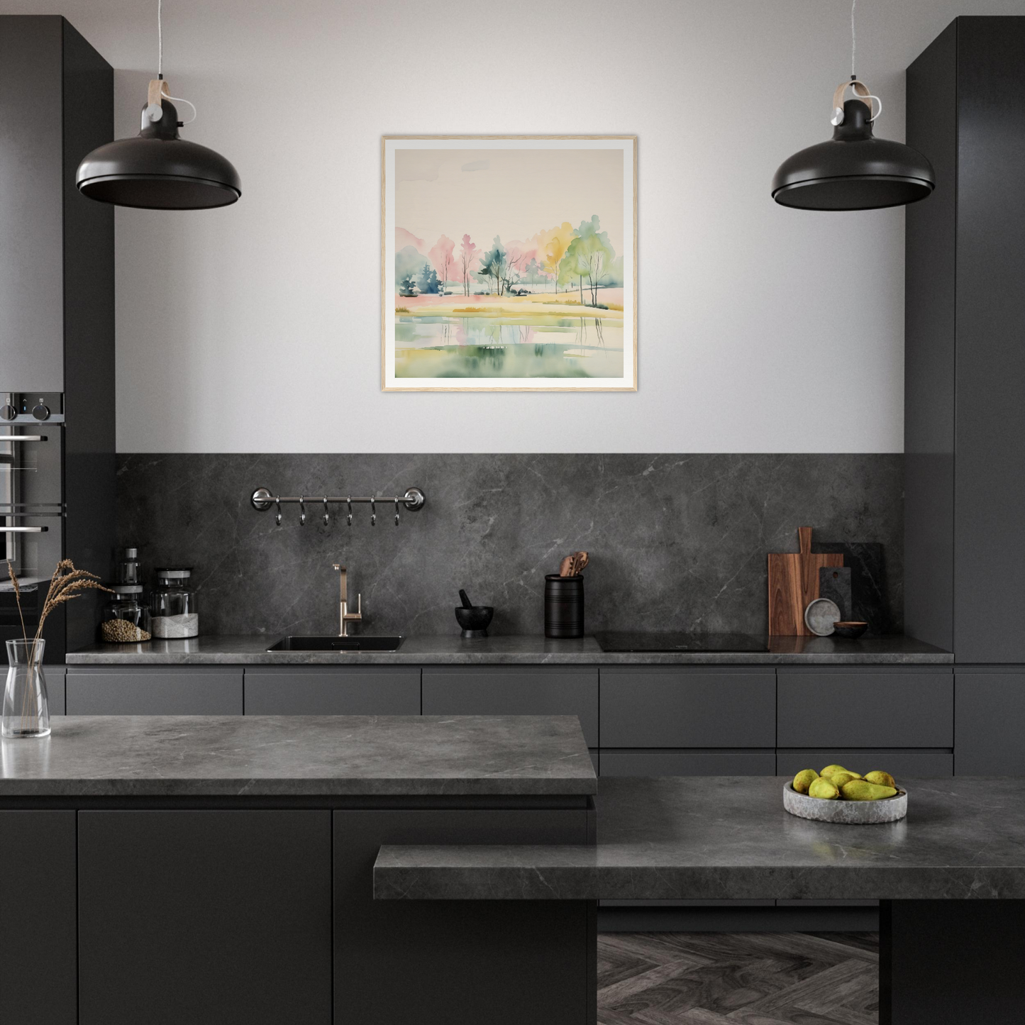 Modern dark kitchen with matte black cabinets and industrial lights for stylish decor
