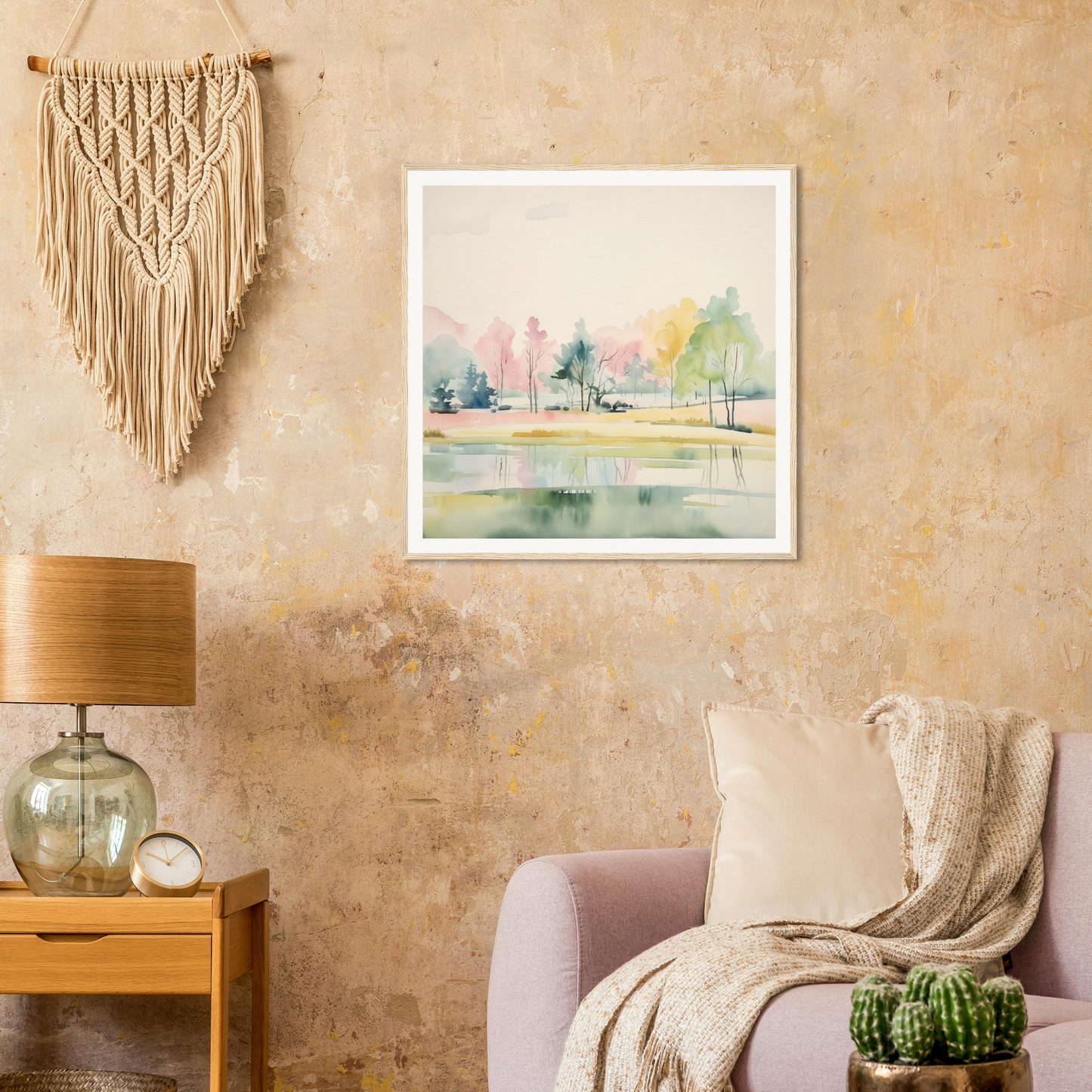 Framed watercolor painting of a pastel landscape, perfect nursery wall art decor