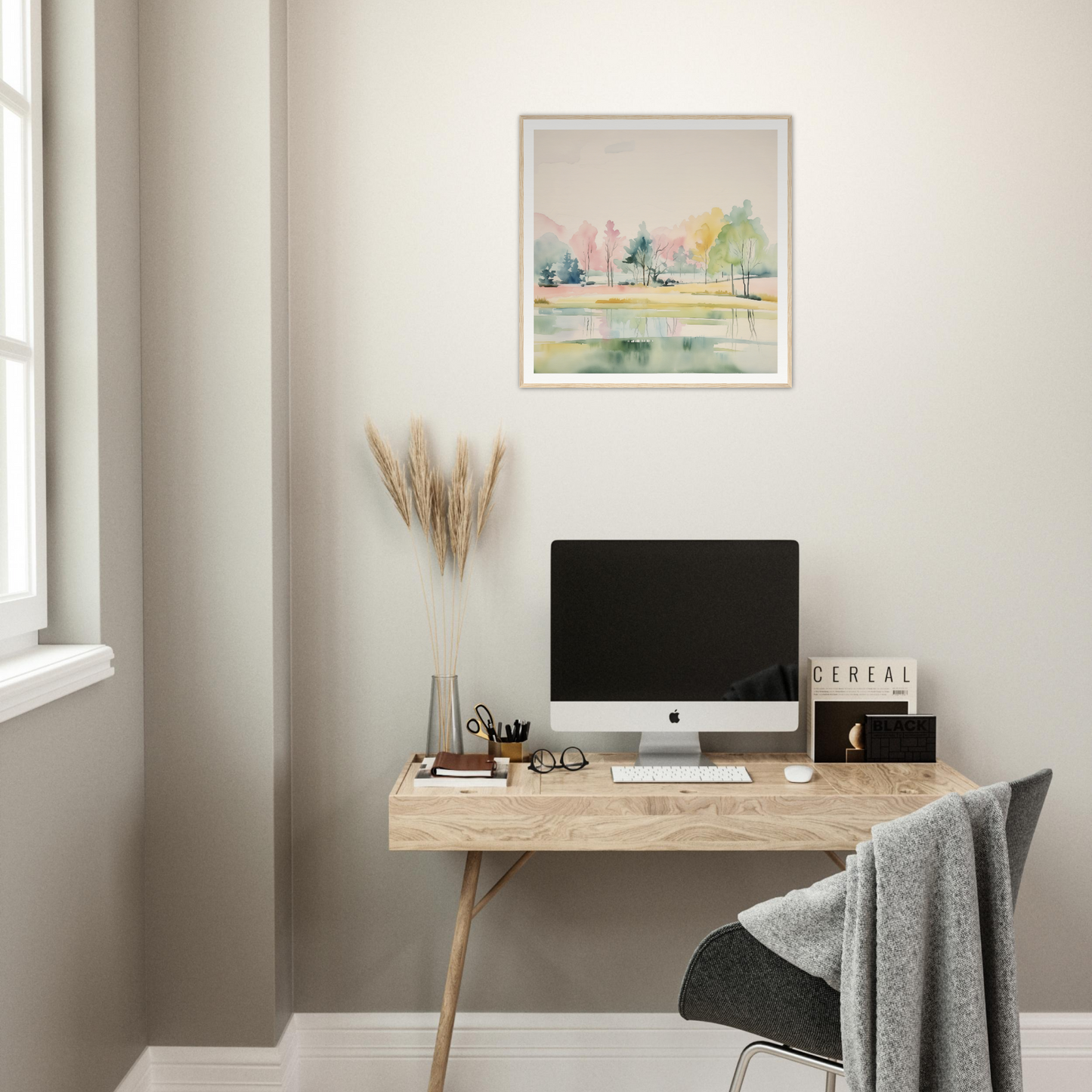 Minimalist wooden desk with iMac and simple decor, perfect for Nursery Decor ideas