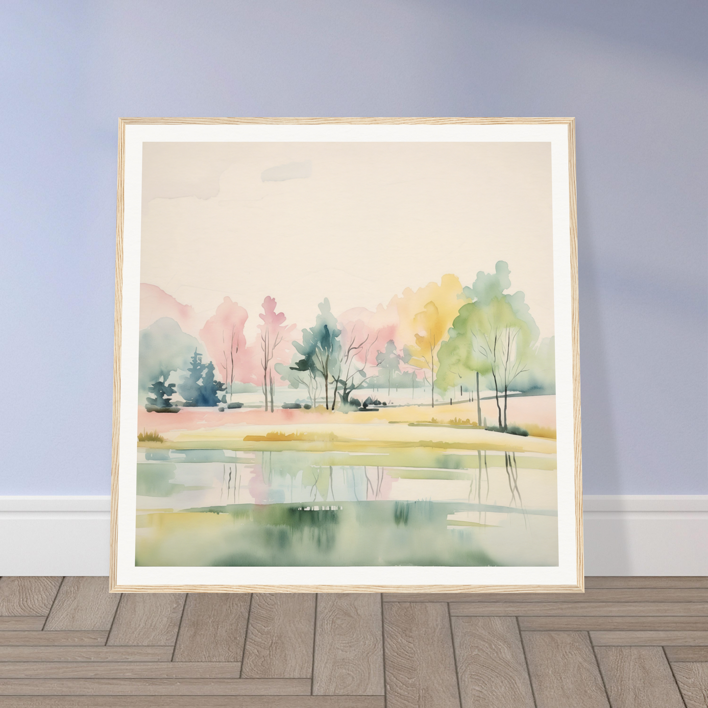 Framed watercolor of a serene lakeside scene, perfect for nursery wall art