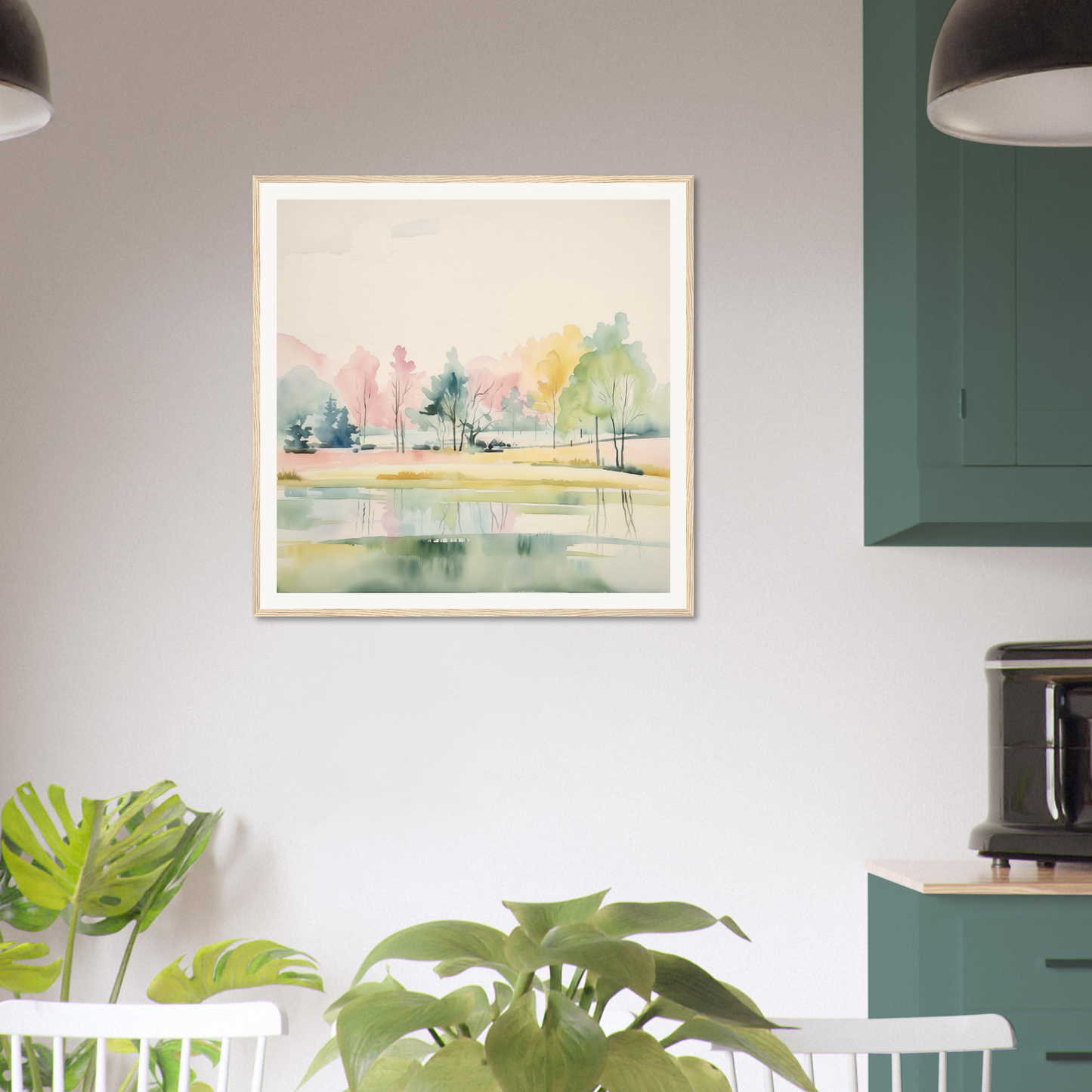 Framed watercolor painting of a pastel landscape for nursery wall art and decor