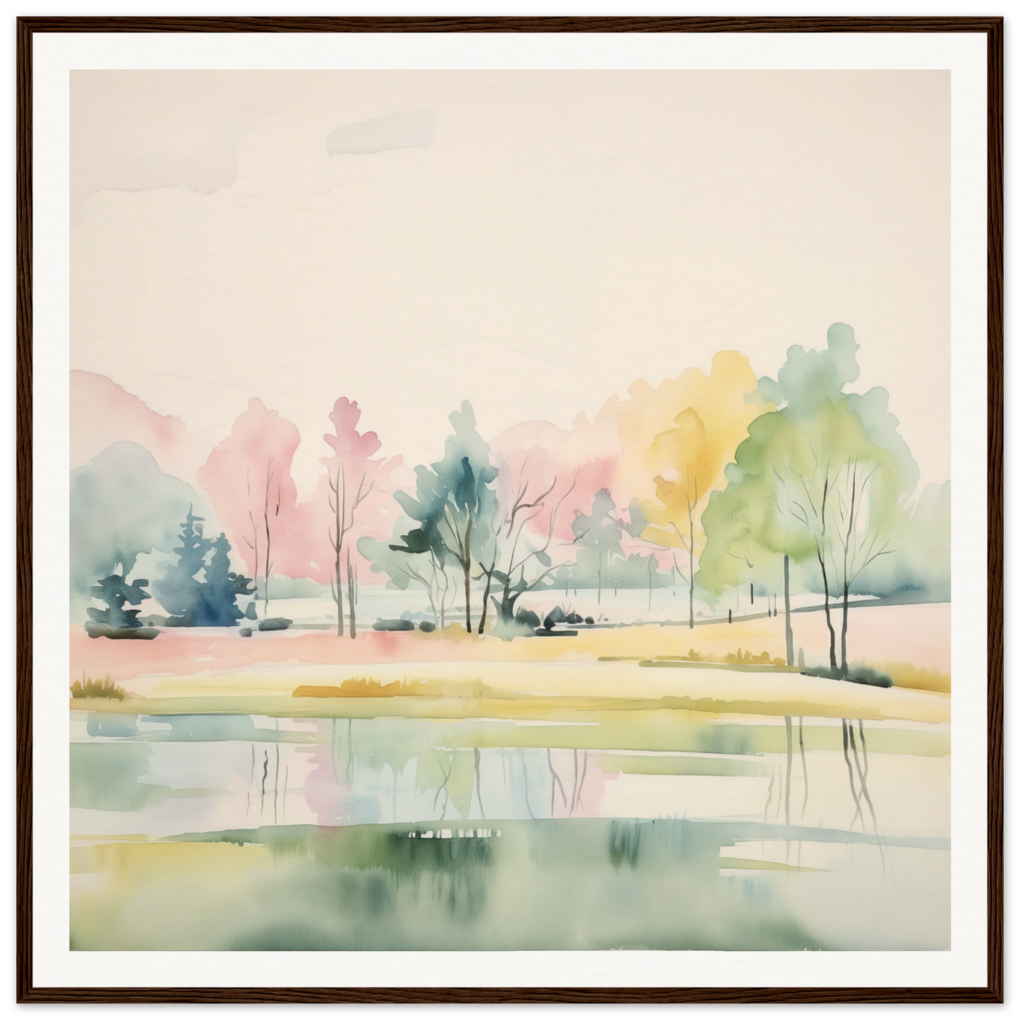 Watercolor painting of a lake with pastel trees, perfect for nursery wall art decor