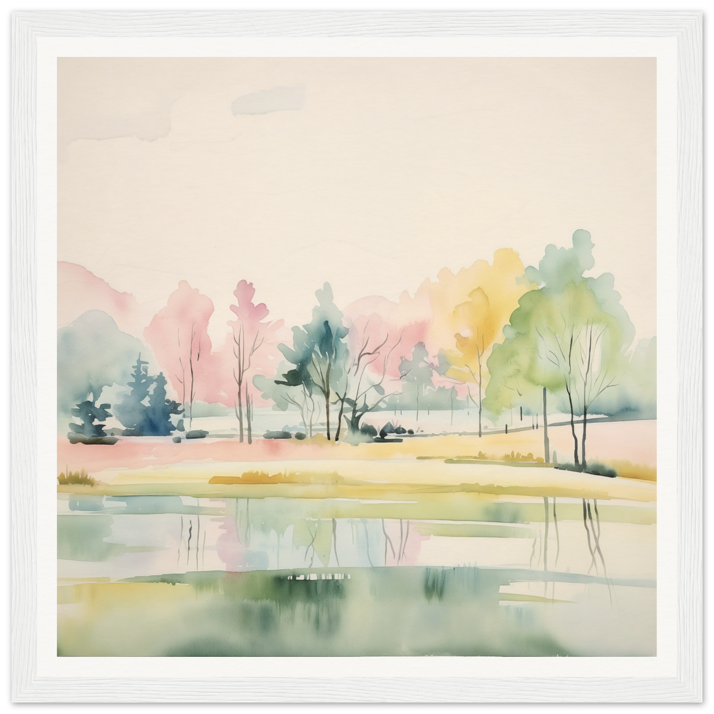 Serene watercolor landscape of trees reflected in a calm pond for nursery wall art
