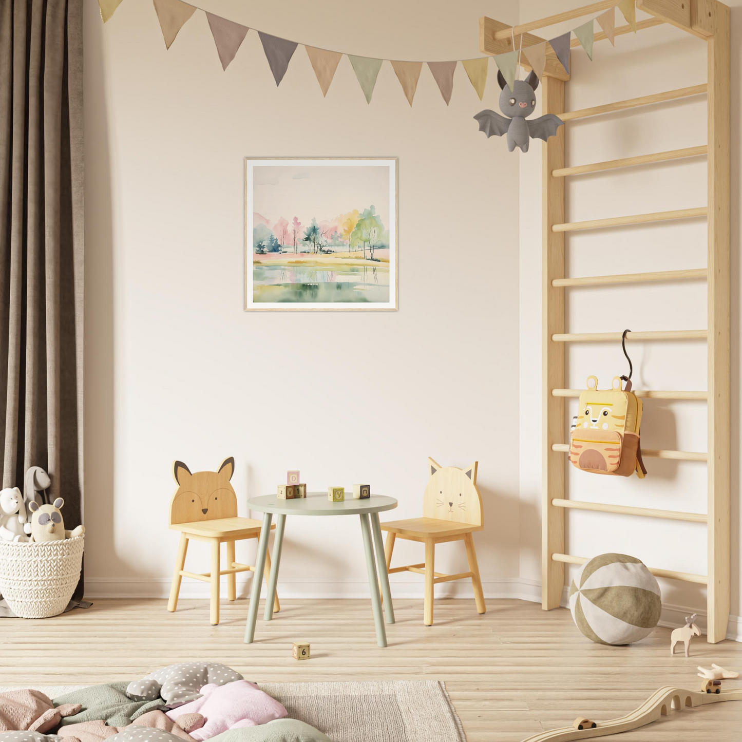 Children’s play area with animal chairs, perfect for nursery decor or framed poster vibes