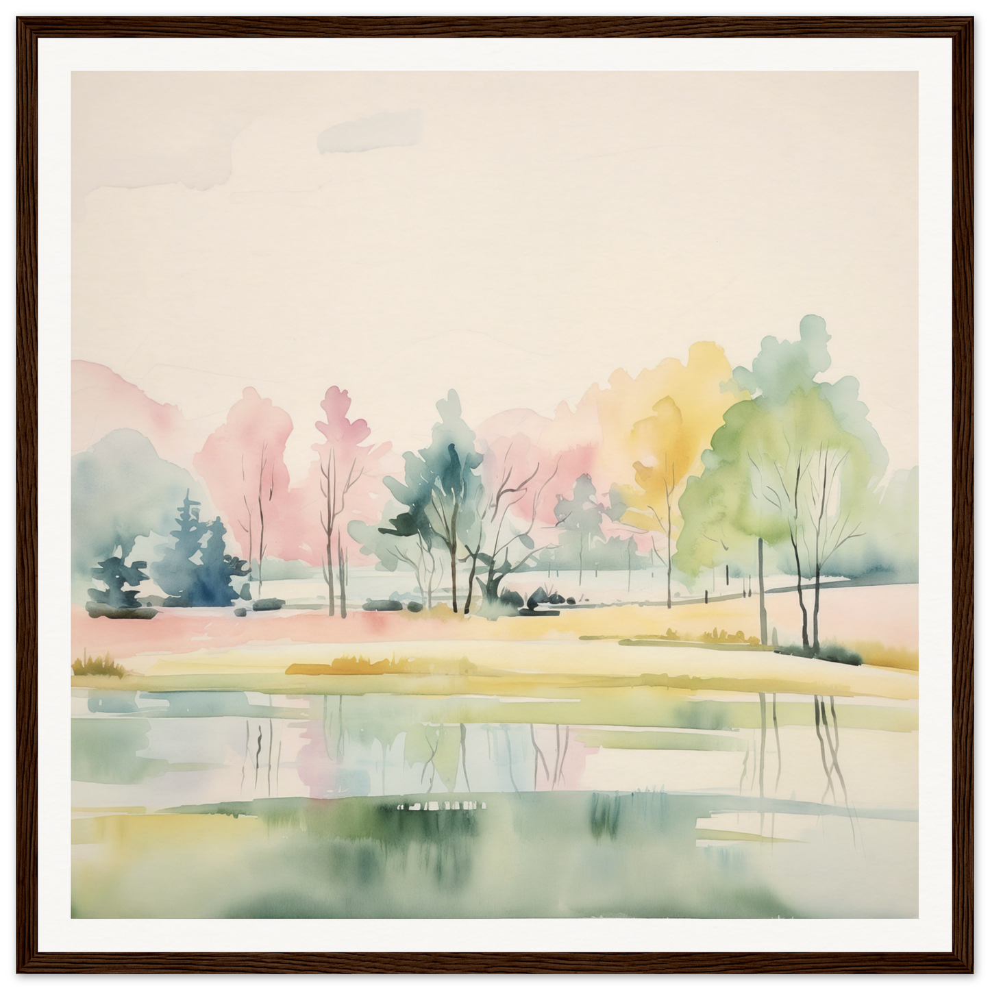 Watercolor painting of a serene lakeside scene, perfect for nursery wall art
