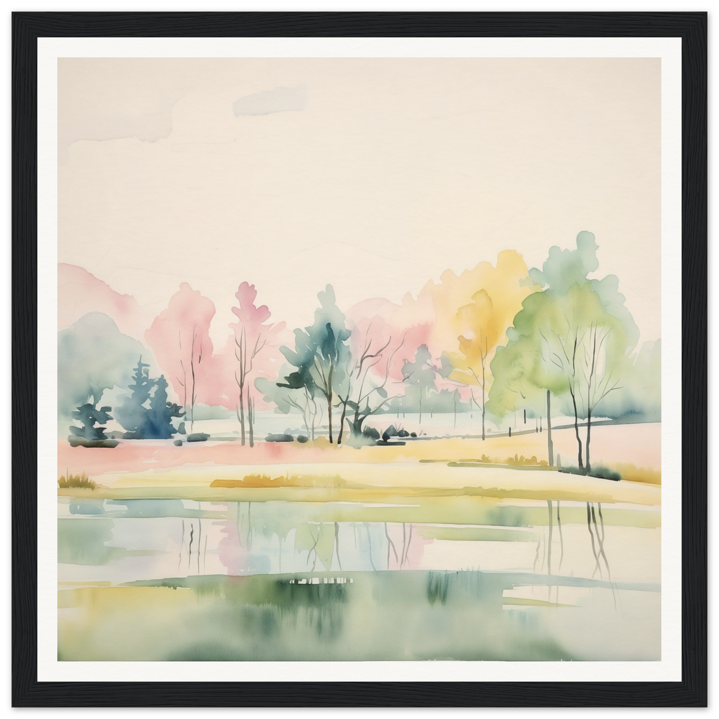 Watercolor painting of a peaceful lake with pastel trees, perfect for nursery wall art