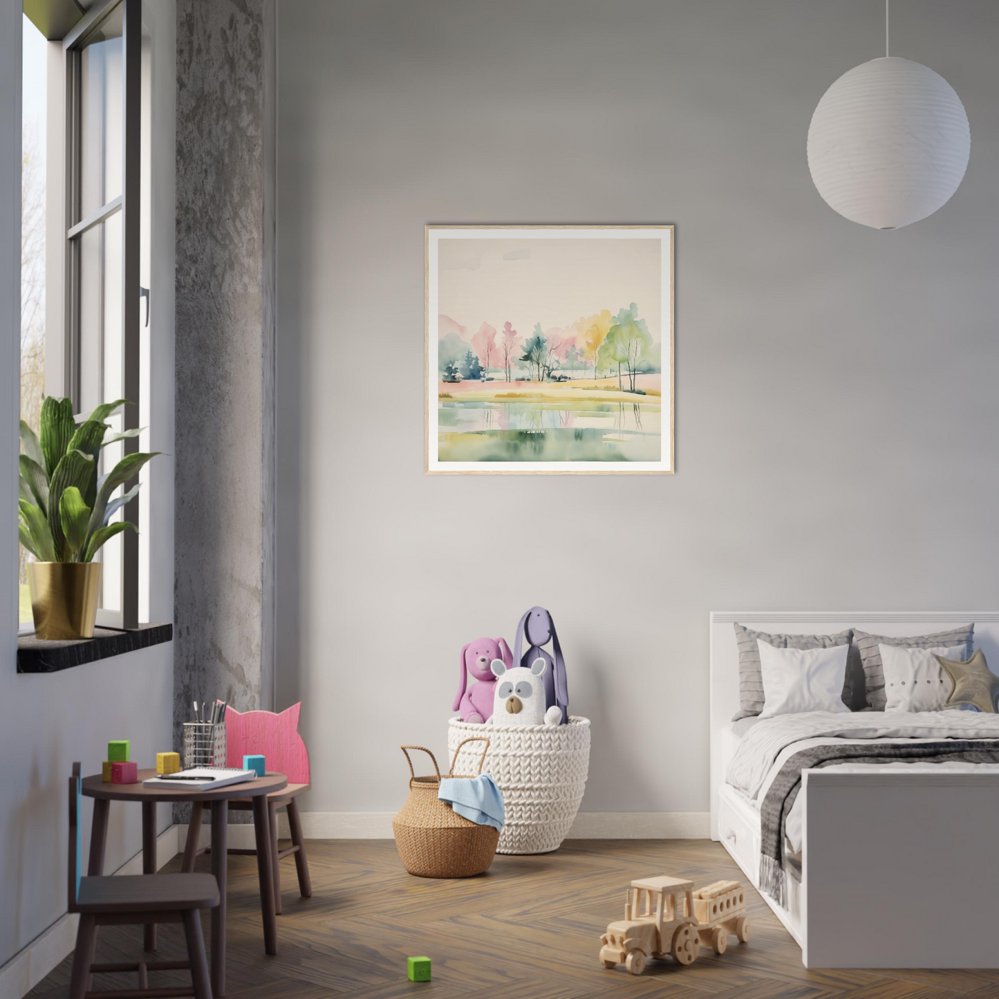 Trendy gray and white modern bedroom with chic nursery wall art decor in product6
