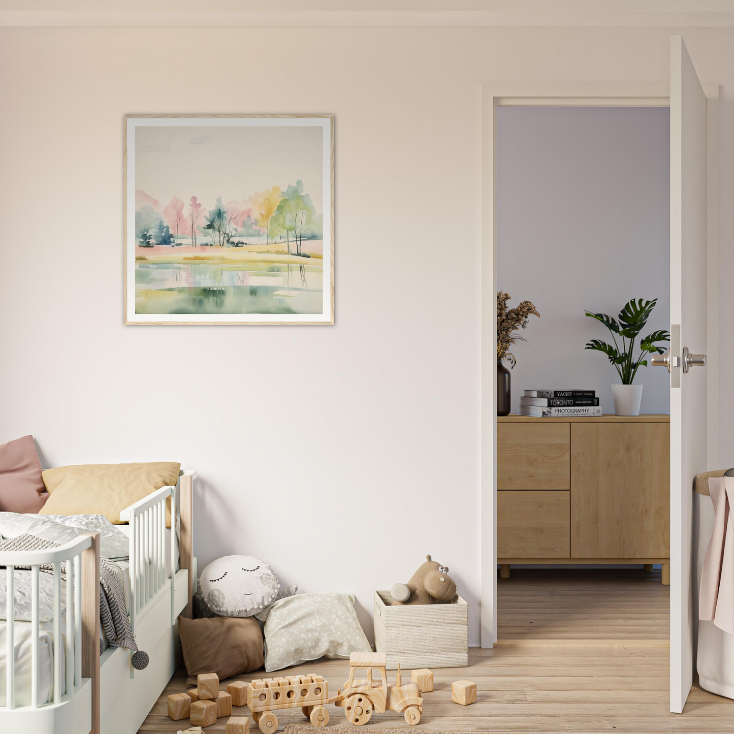 White wooden crib with curved railings, perfect for nursery decor and cozy vibes