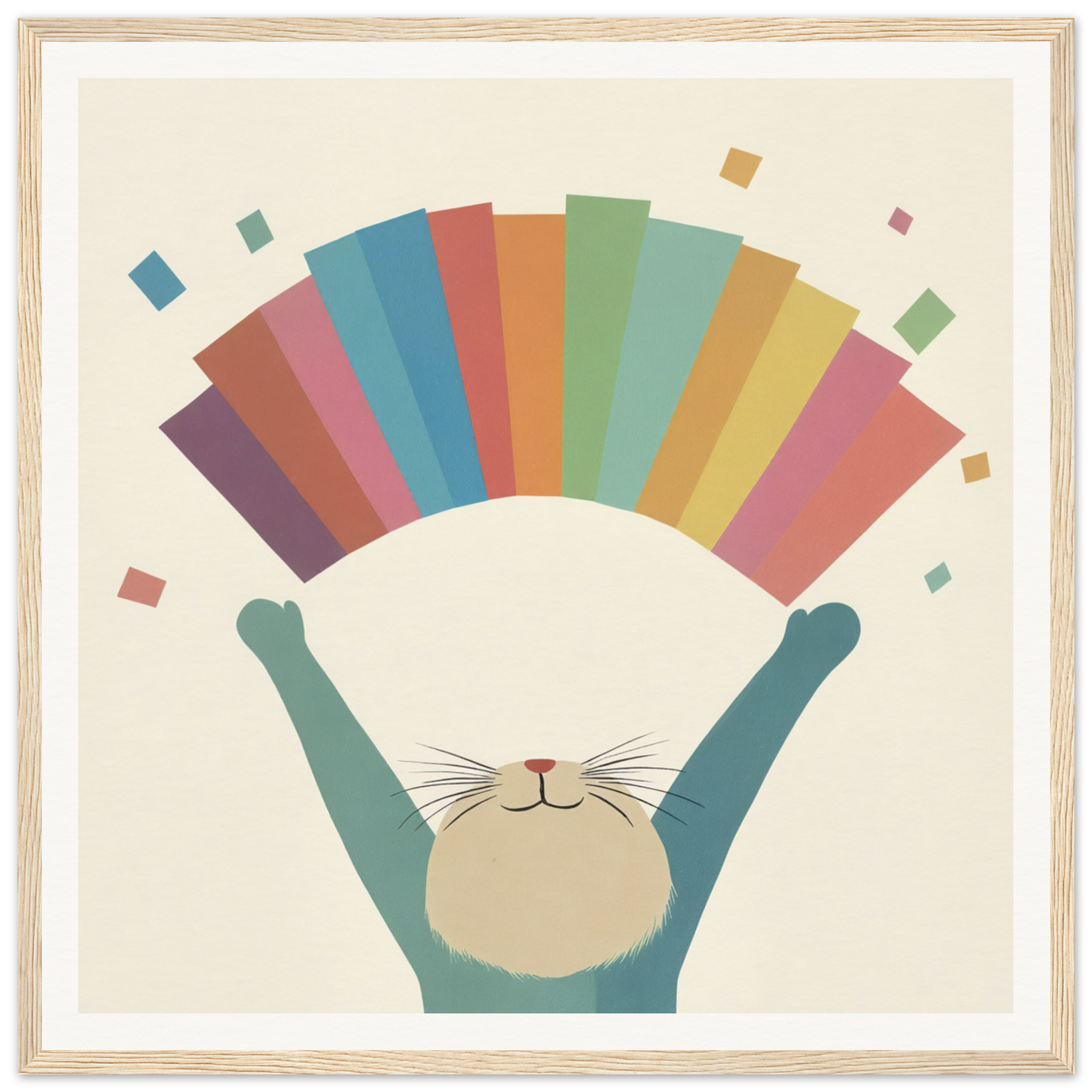 Colorful cat with rainbow arc, perfect for fun nursery wall art or decor
