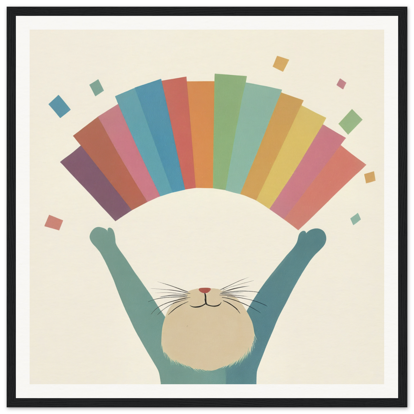 Cat holding a colorful rainbow arc for fun nursery wall art or decor in Product60