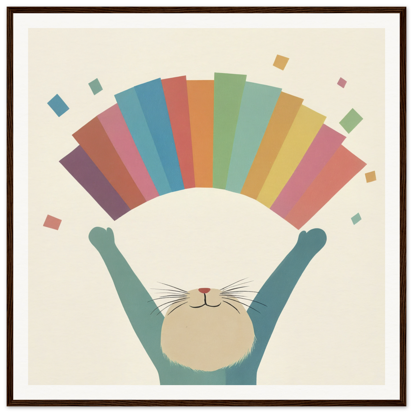 Happy cat with raised paws creating a rainbow for cute nursery wall art in Product60
