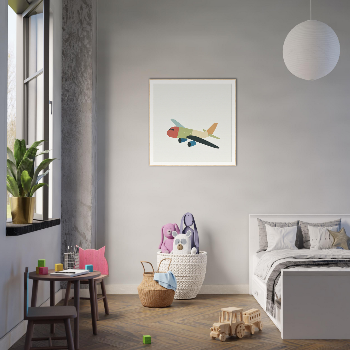 Modern bedroom with minimalist decor and colorful airplane print nursery wall art