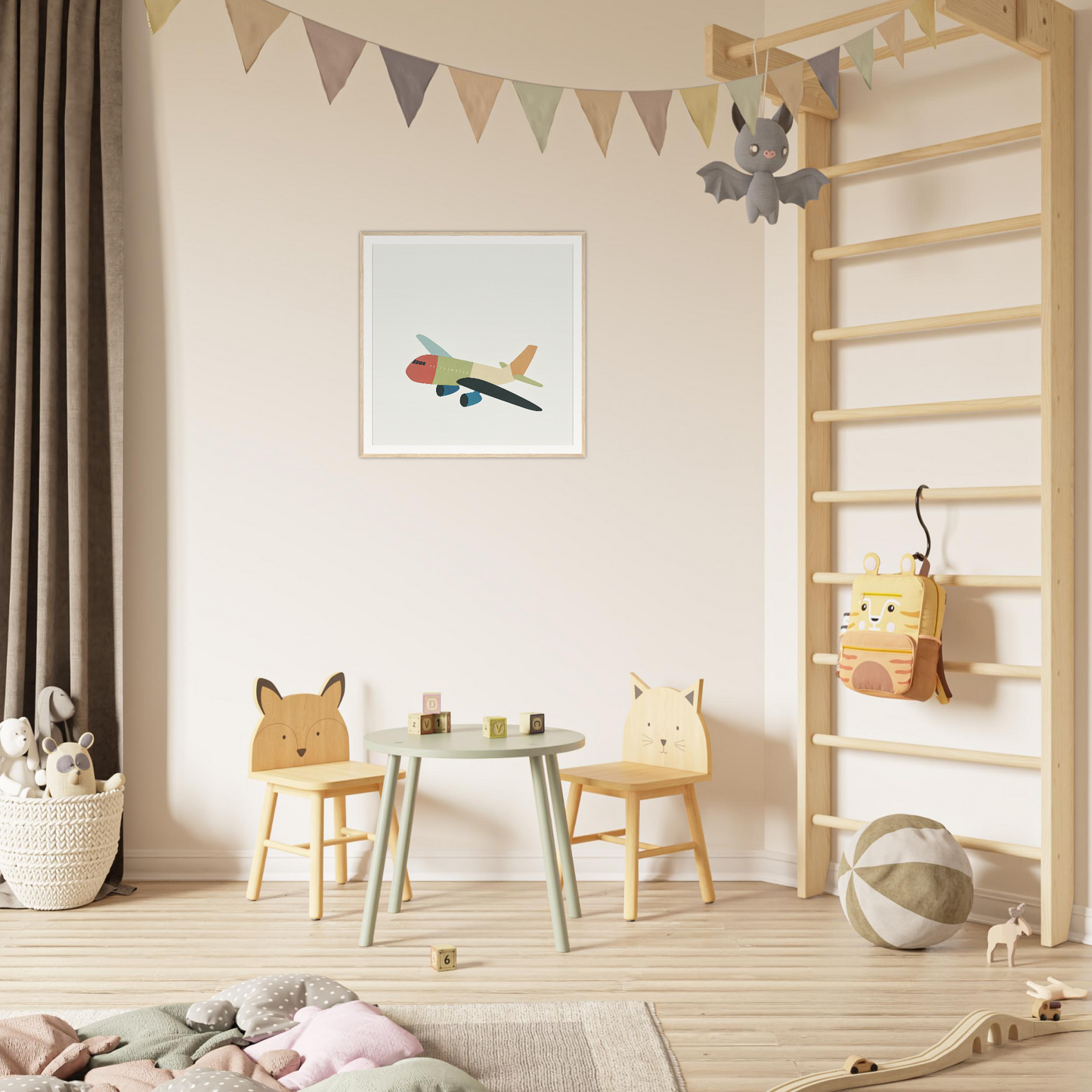 Kids’ play area with animal chairs and table, perfect for nursery decor vibes