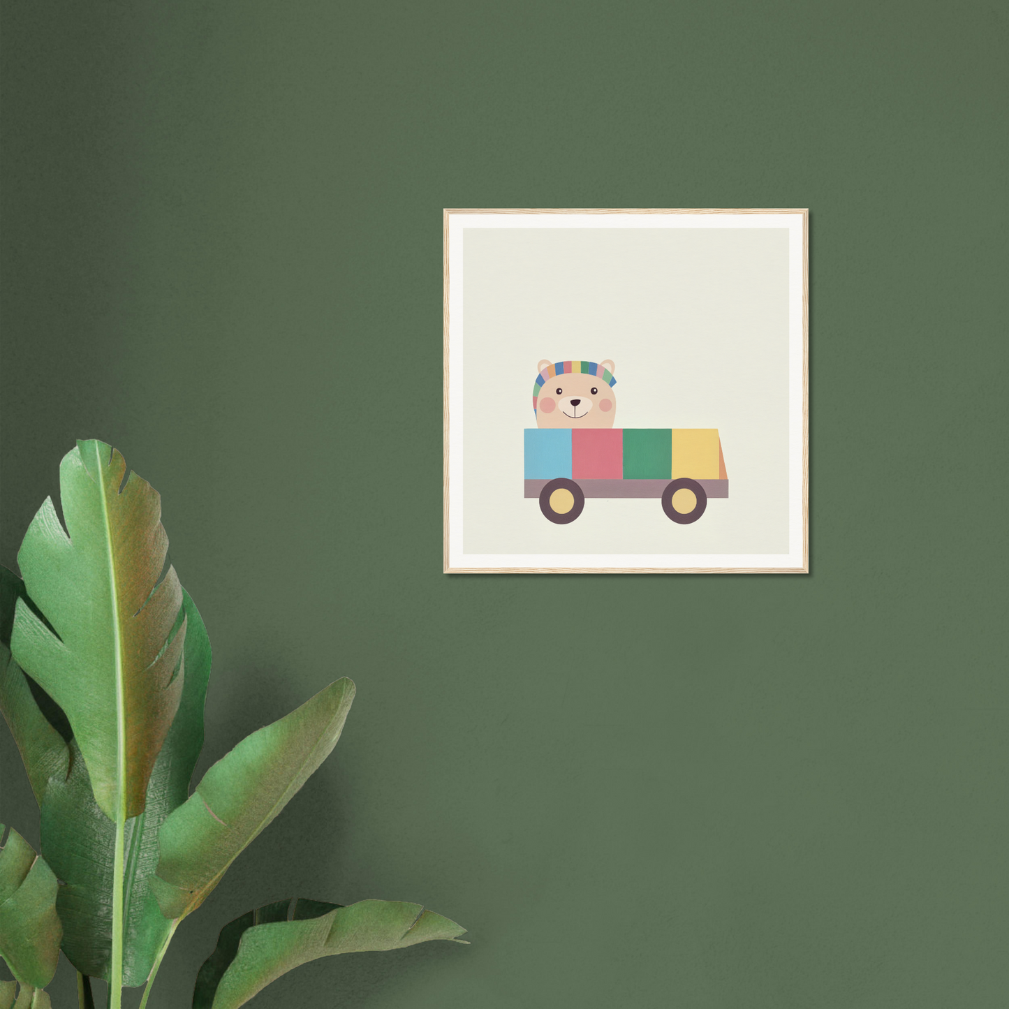 Framed poster of colorful toy bus, perfect nursery wall art and decor for kids