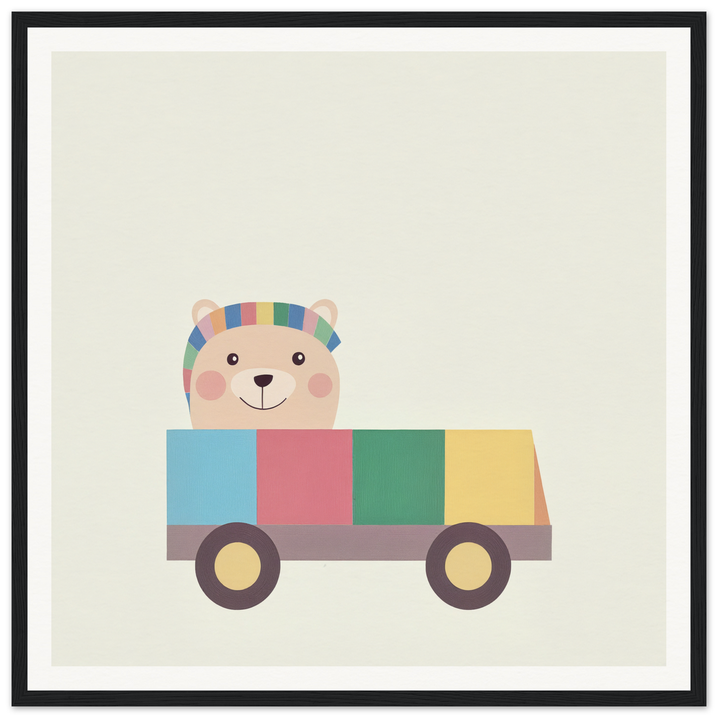 Cute cartoon bear driving a toy truck, perfect for nursery wall art and decor