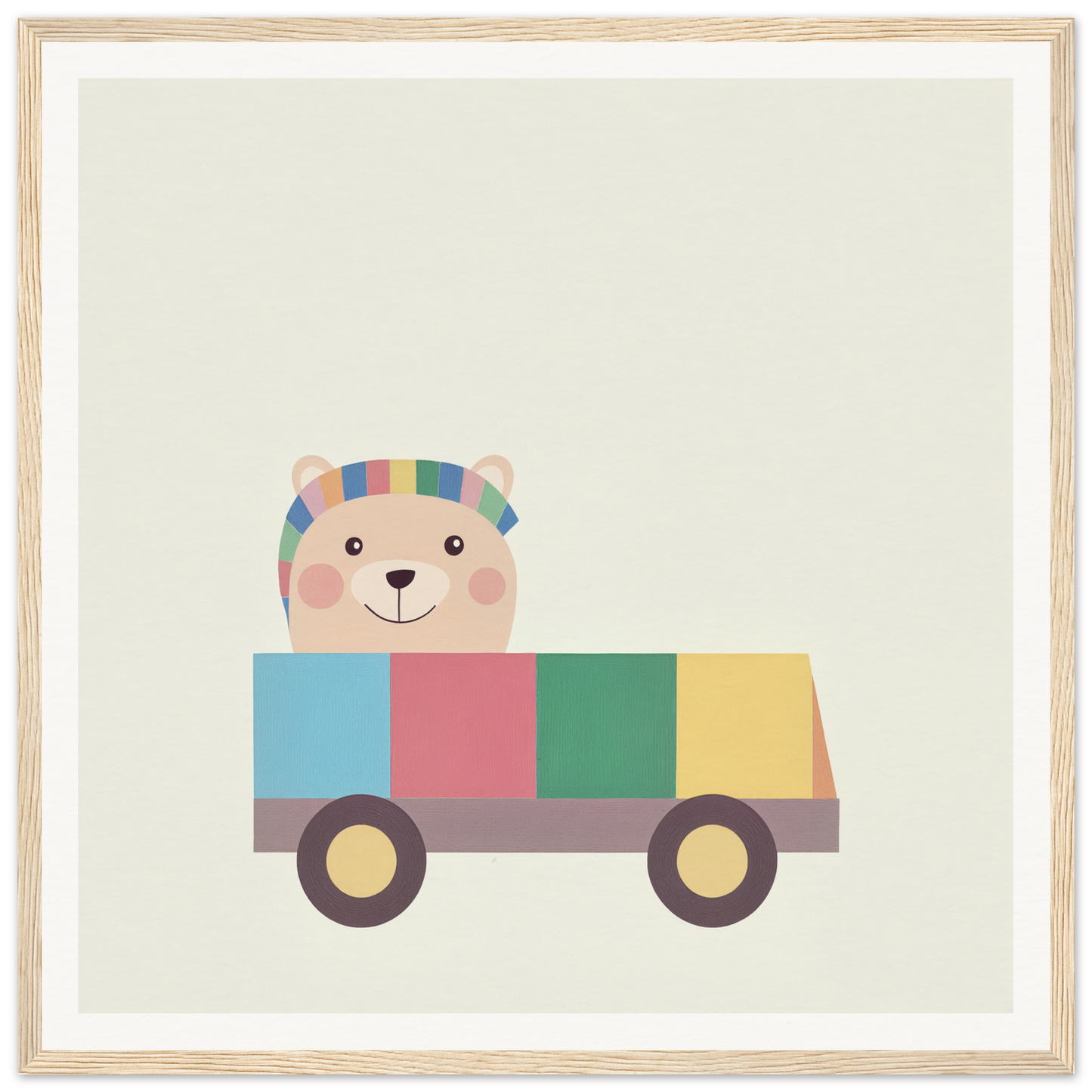 Cute cartoon bear driving a toy truck, perfect for Nursery Decor or a framed poster