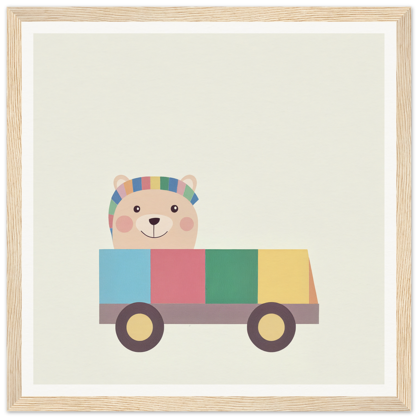 Cute cartoon bear driving a toy truck for colorful nursery wall art or decor