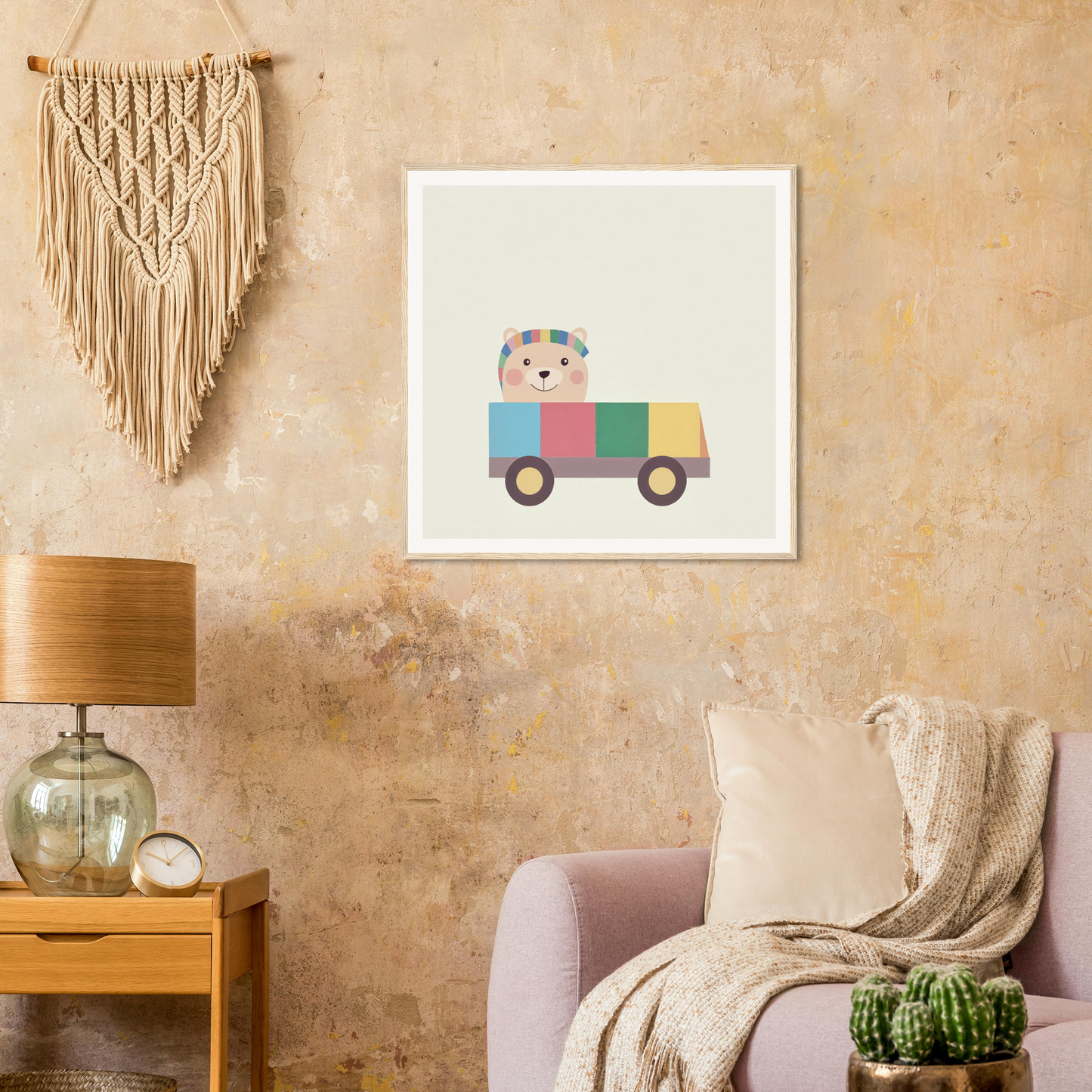 Colorful toy truck illustration with cute animal driver for nursery wall art