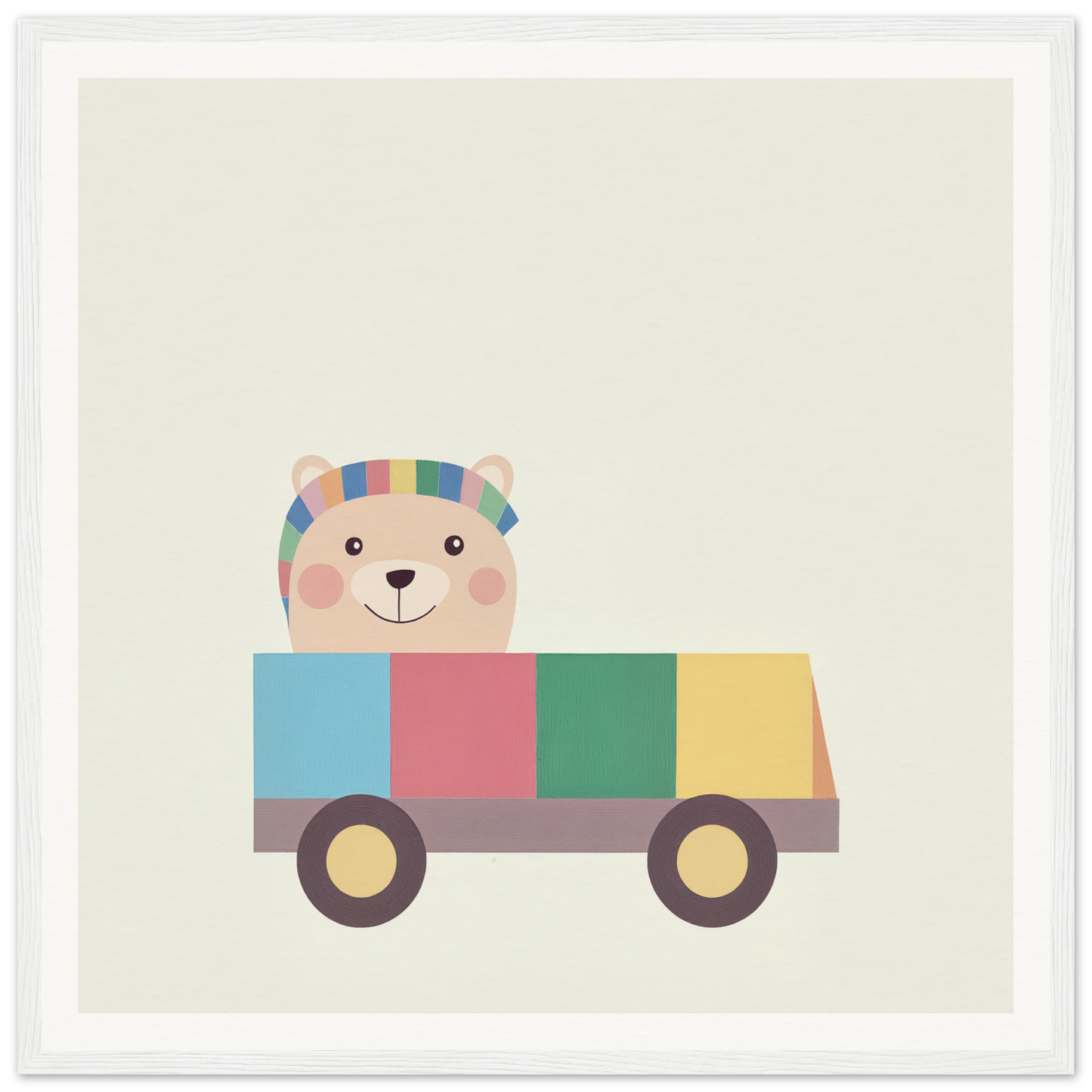 Cute cartoon bear with striped hat in a toy car, perfect for nursery wall art