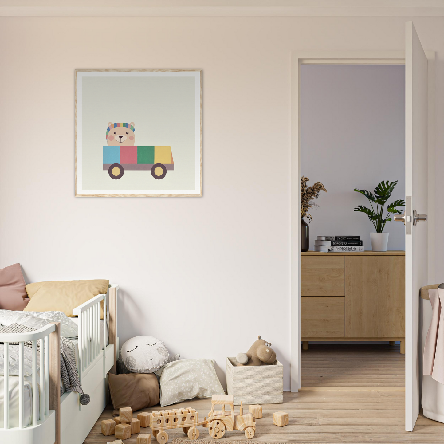 Framed poster of a hedgehog driving a toy truck, perfect for nursery wall art