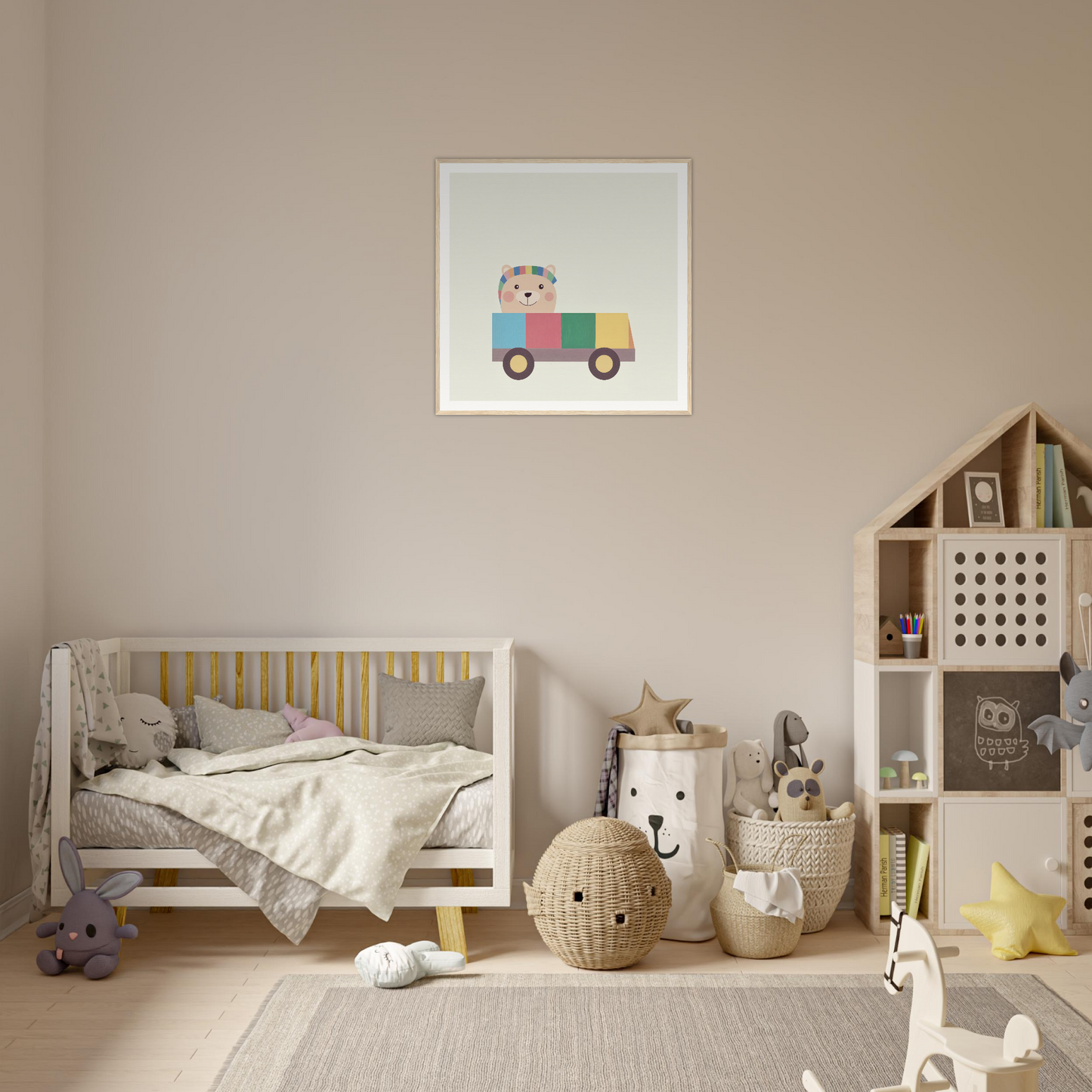 Wooden crib with gray bedding and yellow accents for stylish nursery decor