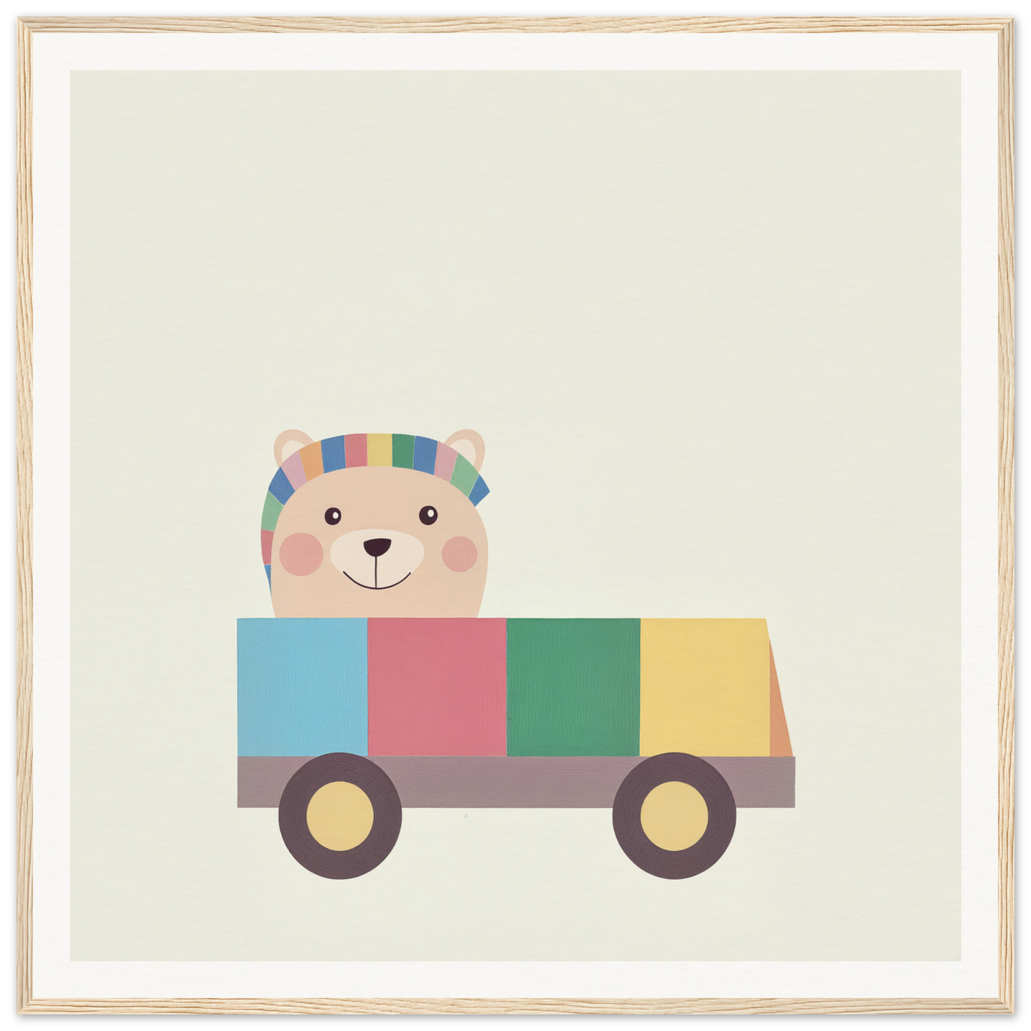 Cute cartoon bear in a striped hat driving a colorful car for nursery wall art