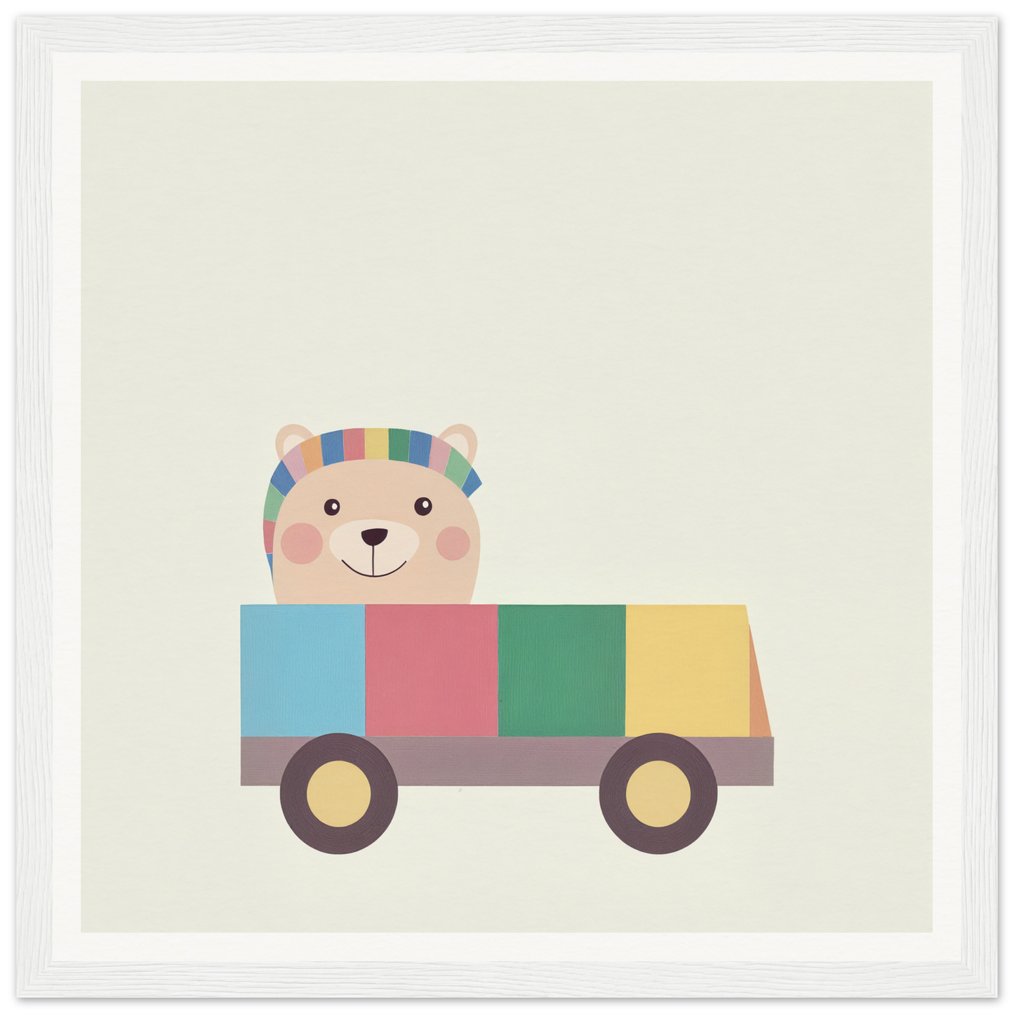 Cute cartoon bear in a colorful toy truck, perfect for nursery wall art decor