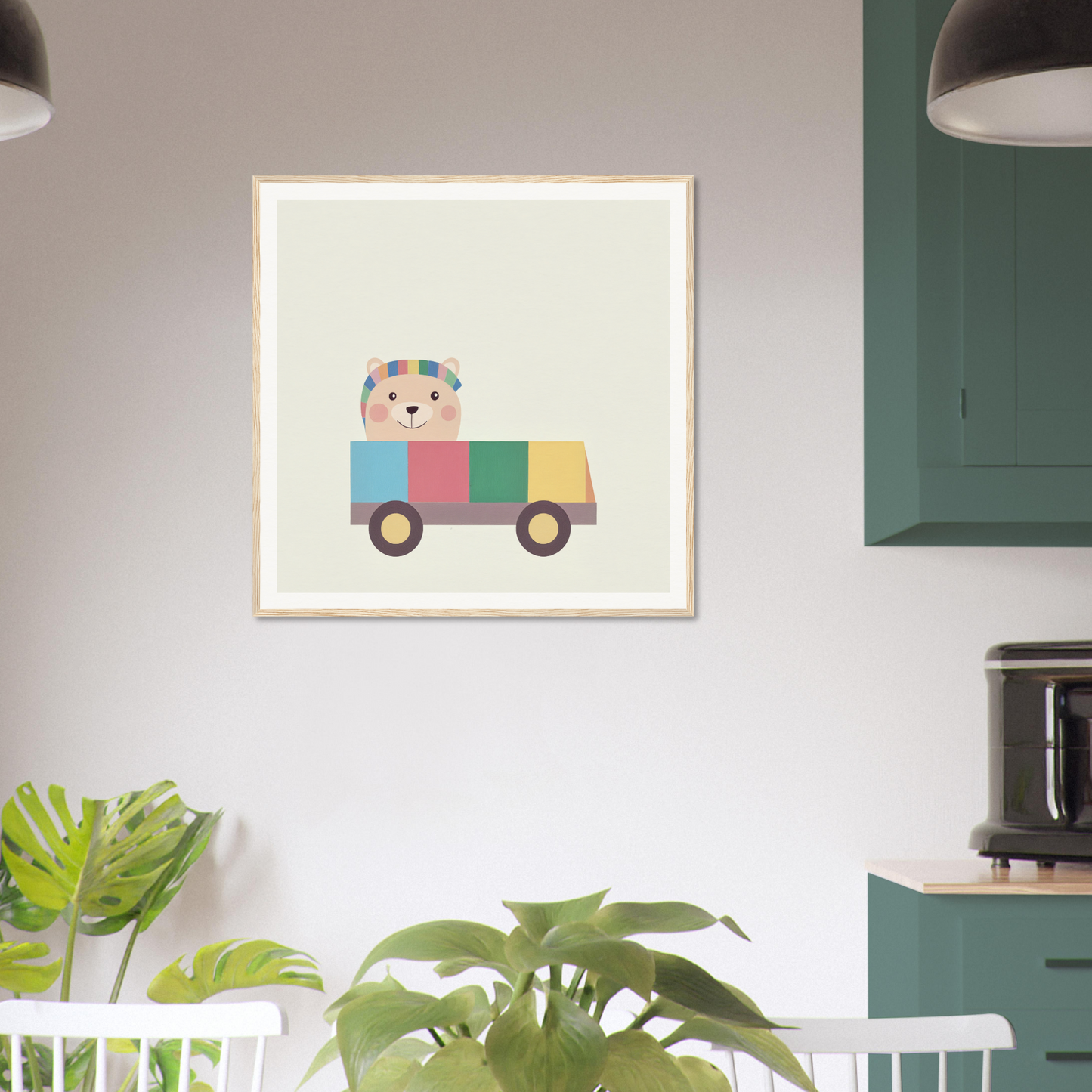 Framed cartoon dog driving colorful toy truck for fun nursery wall art