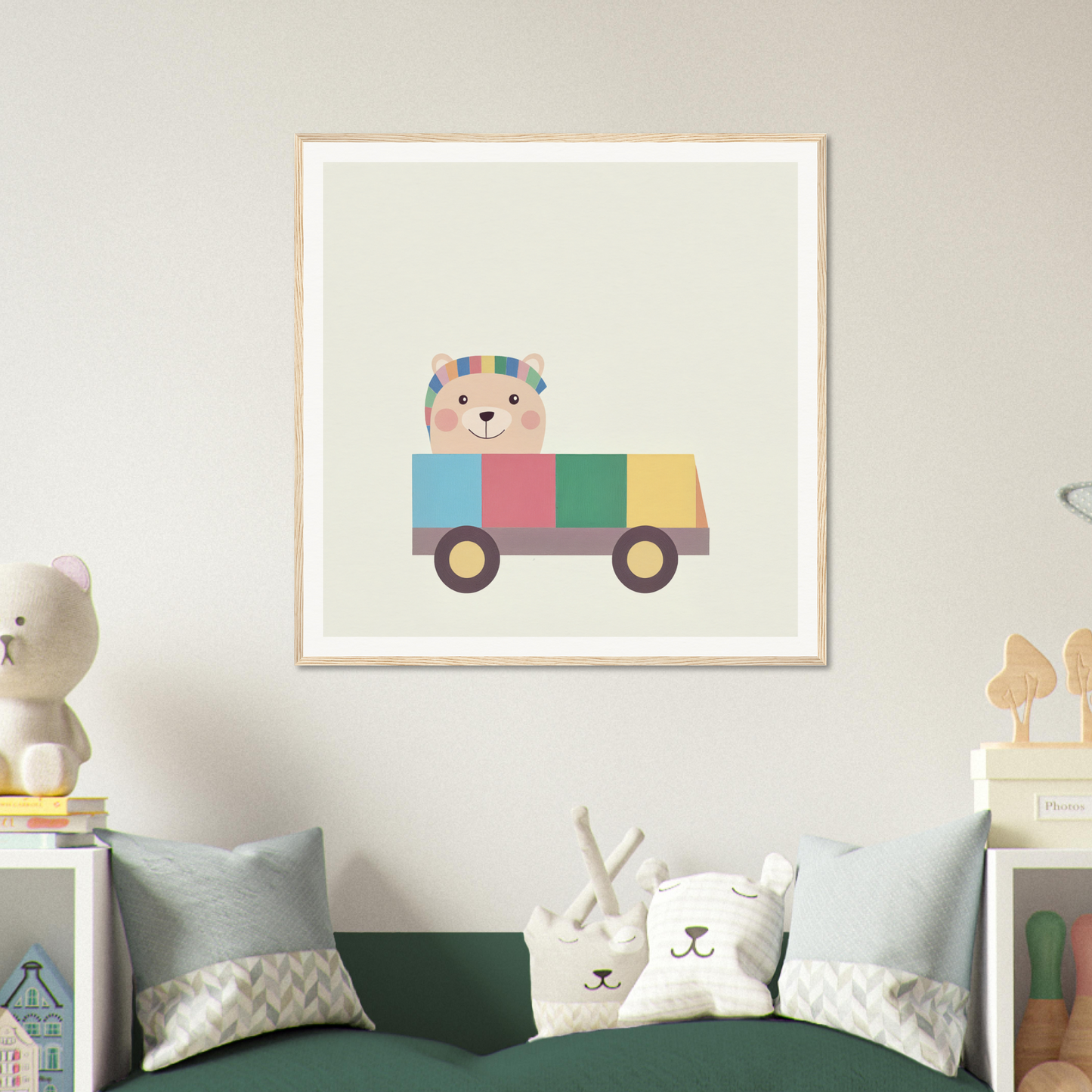 Colorful cartoon bear driving a geometric truck, perfect for nursery wall art decor