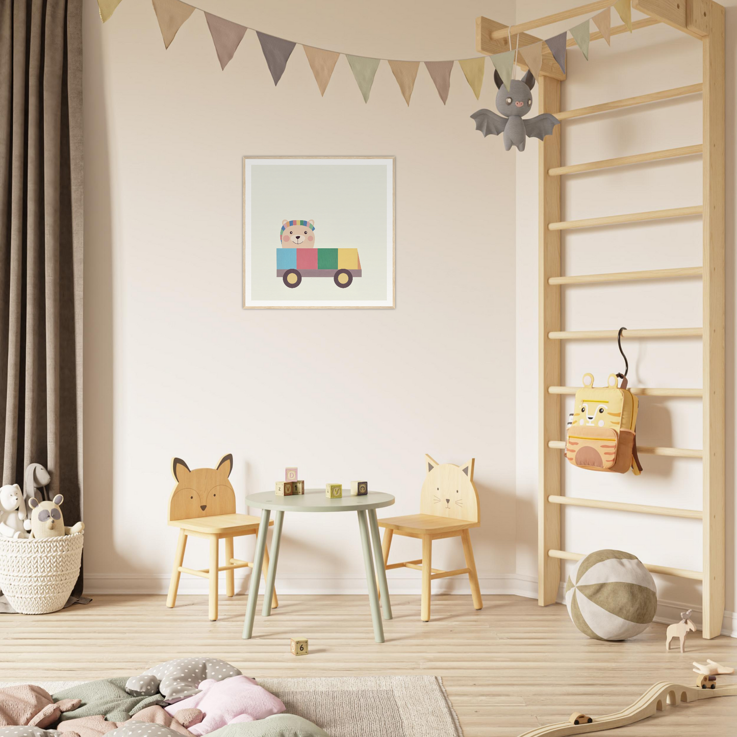 Colorful children’s play area with animal chairs and table perfect for nursery decor