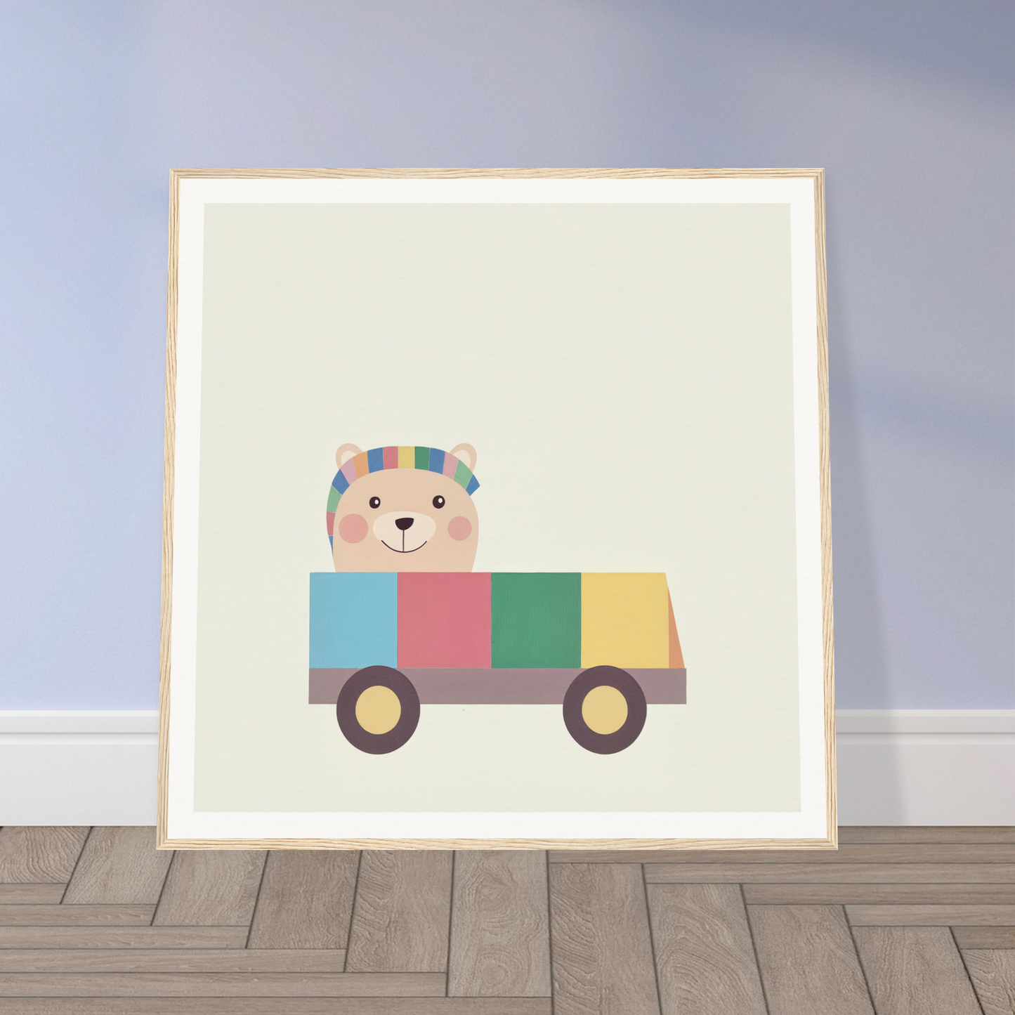 Cute cartoon bear in a hat riding a toy truck, perfect for nursery wall art