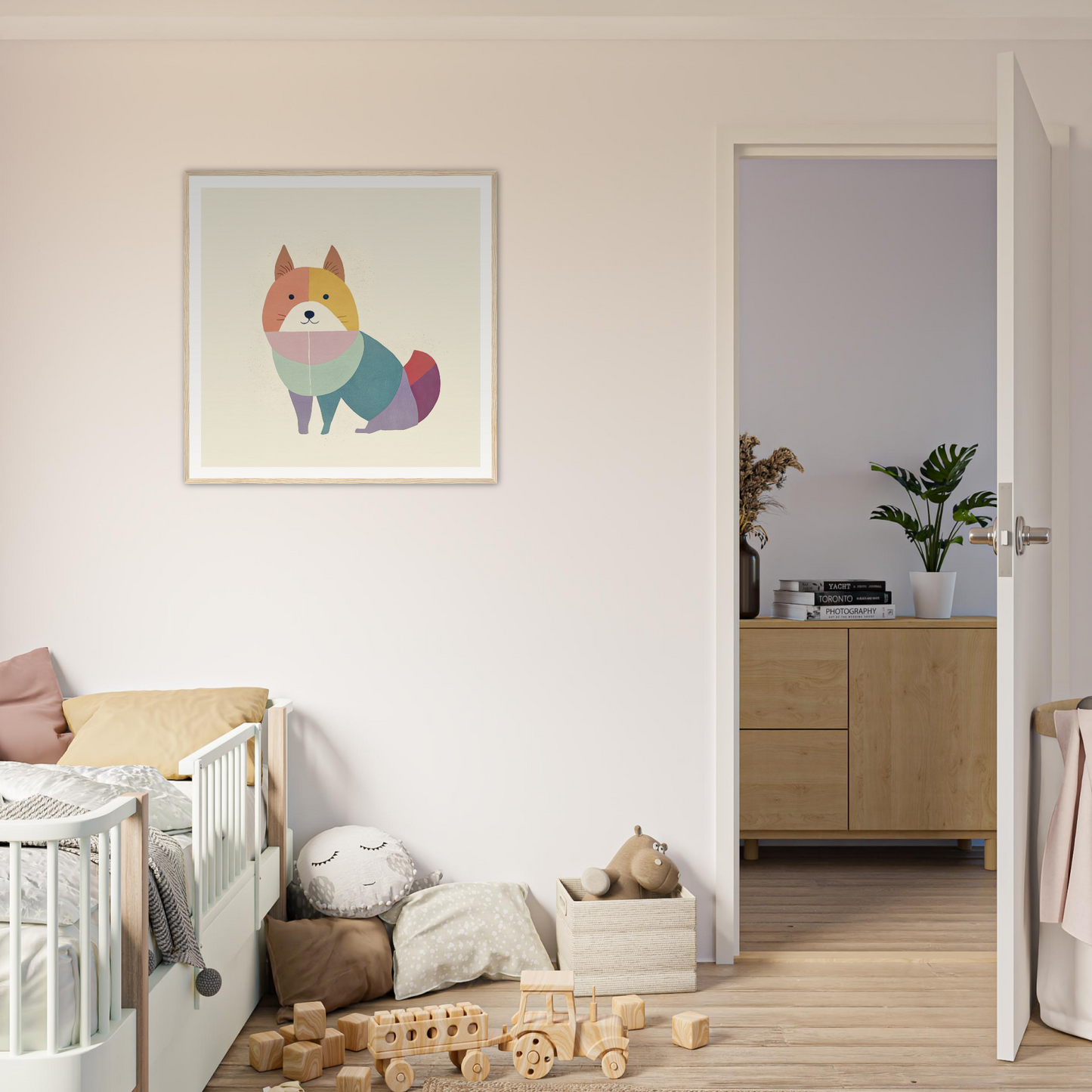 Colorful geometric fox artwork for nursery wall art, framed and ready to elevate your decor