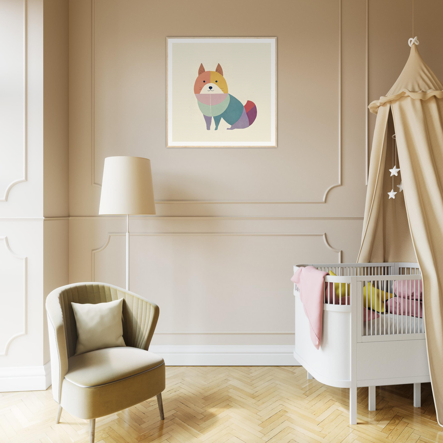 Whimsical fox nursery wall art in a cozy room, perfect for nursery decor and inspiration