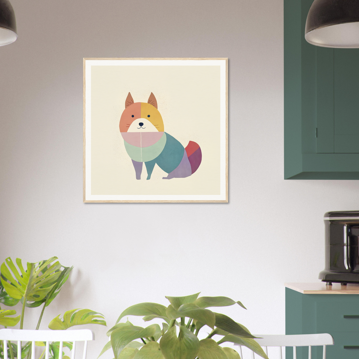 Framed geometric art print of a fox in a mint sweater, perfect for nursery decor