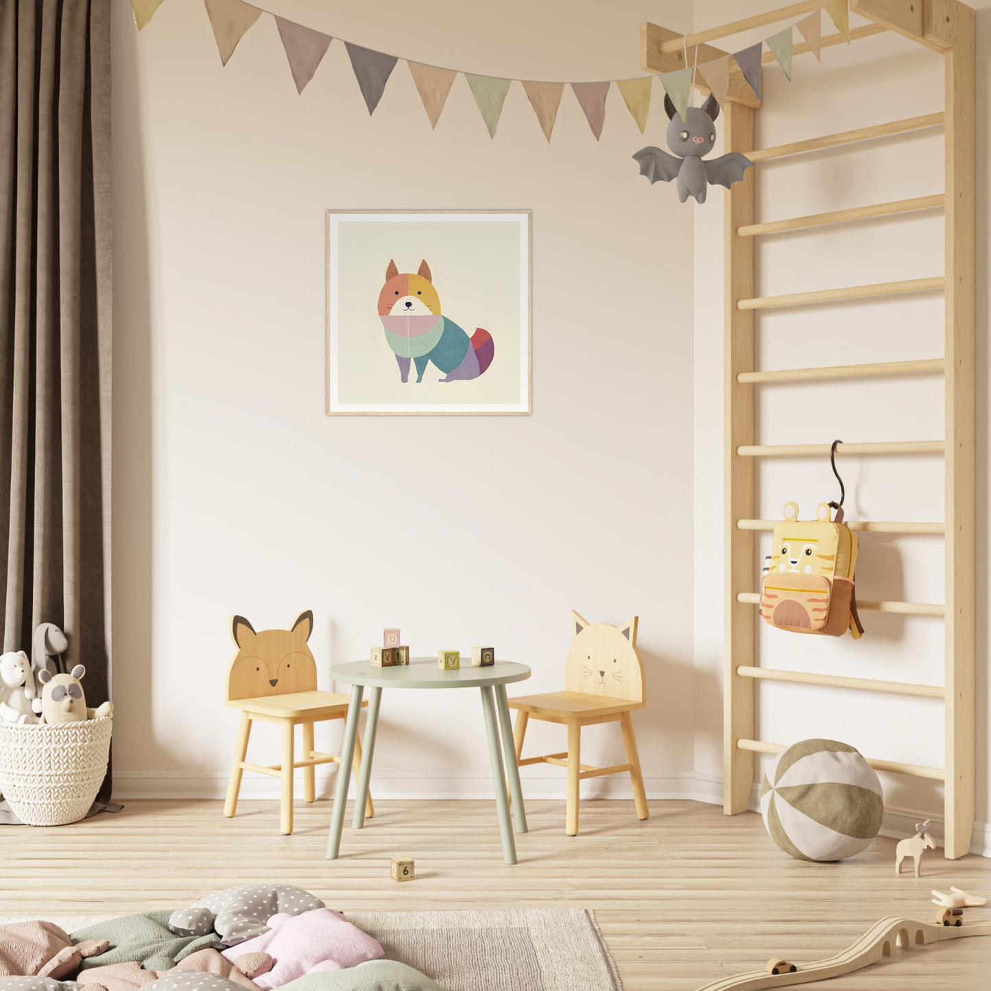 Fun children’s play area with animal chairs and table, perfect for nursery decor vibes