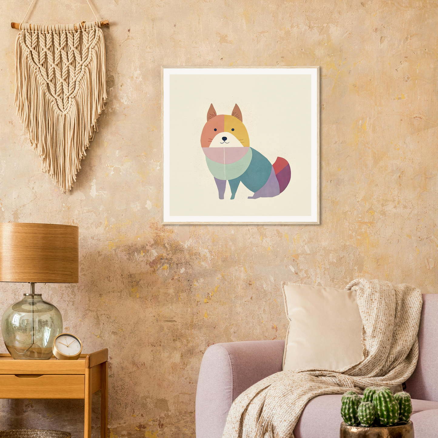 Colorful geometric fox illustration for nursery wall art and decor in pastel tones