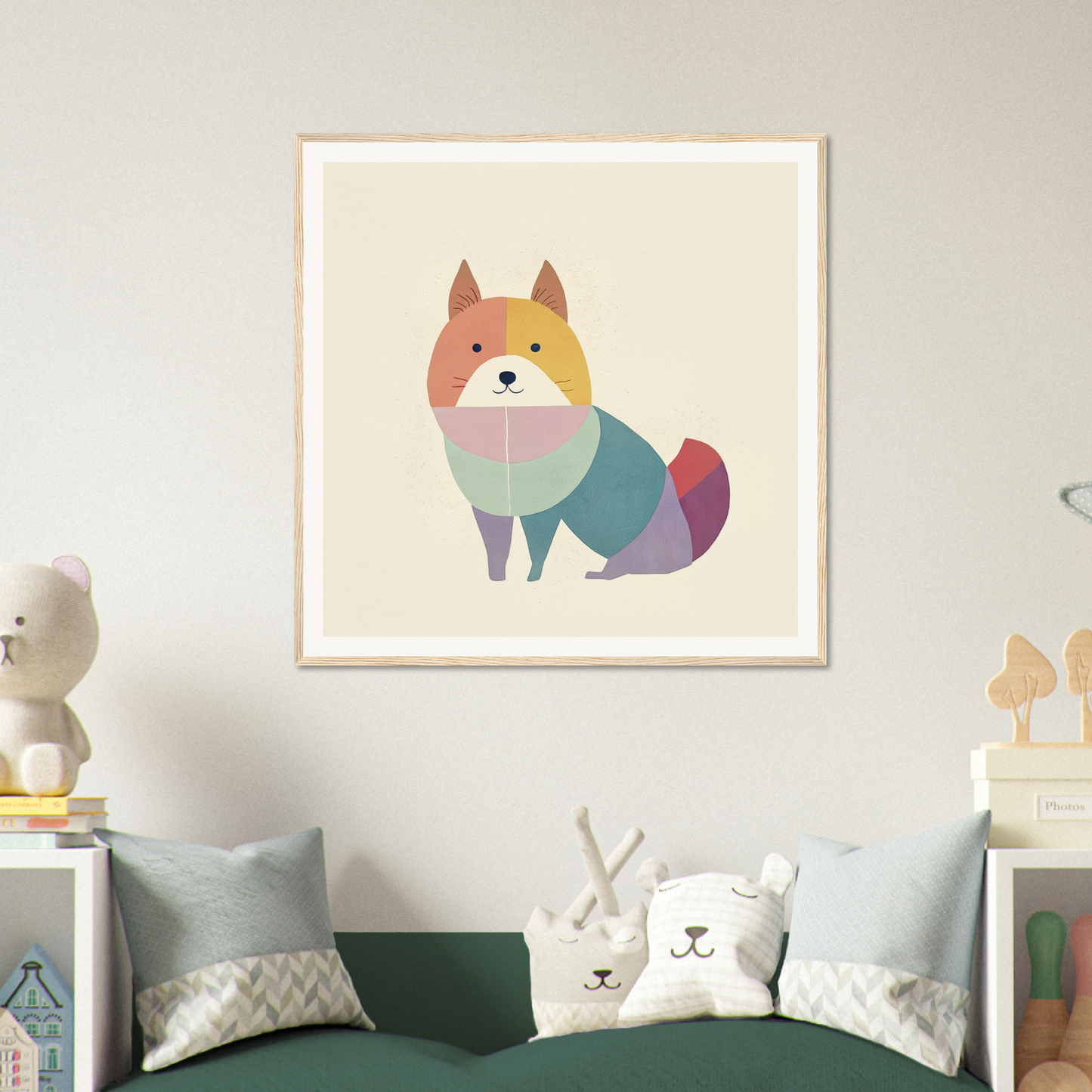 Colorful geometric fox illustration framed wall art for nursery decor and playful vibes