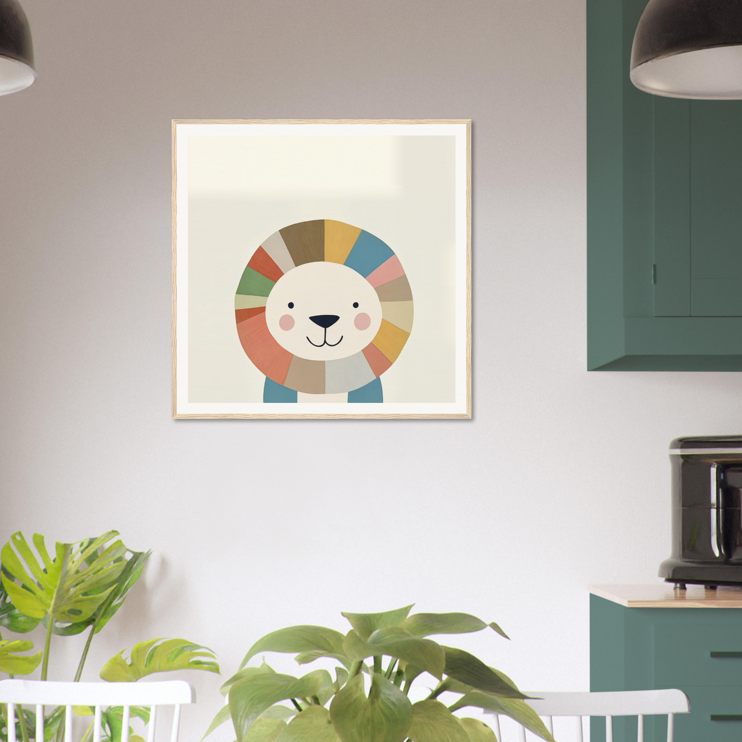 Framed poster of a smiling cartoon lion with a rainbow mane for nursery decor
