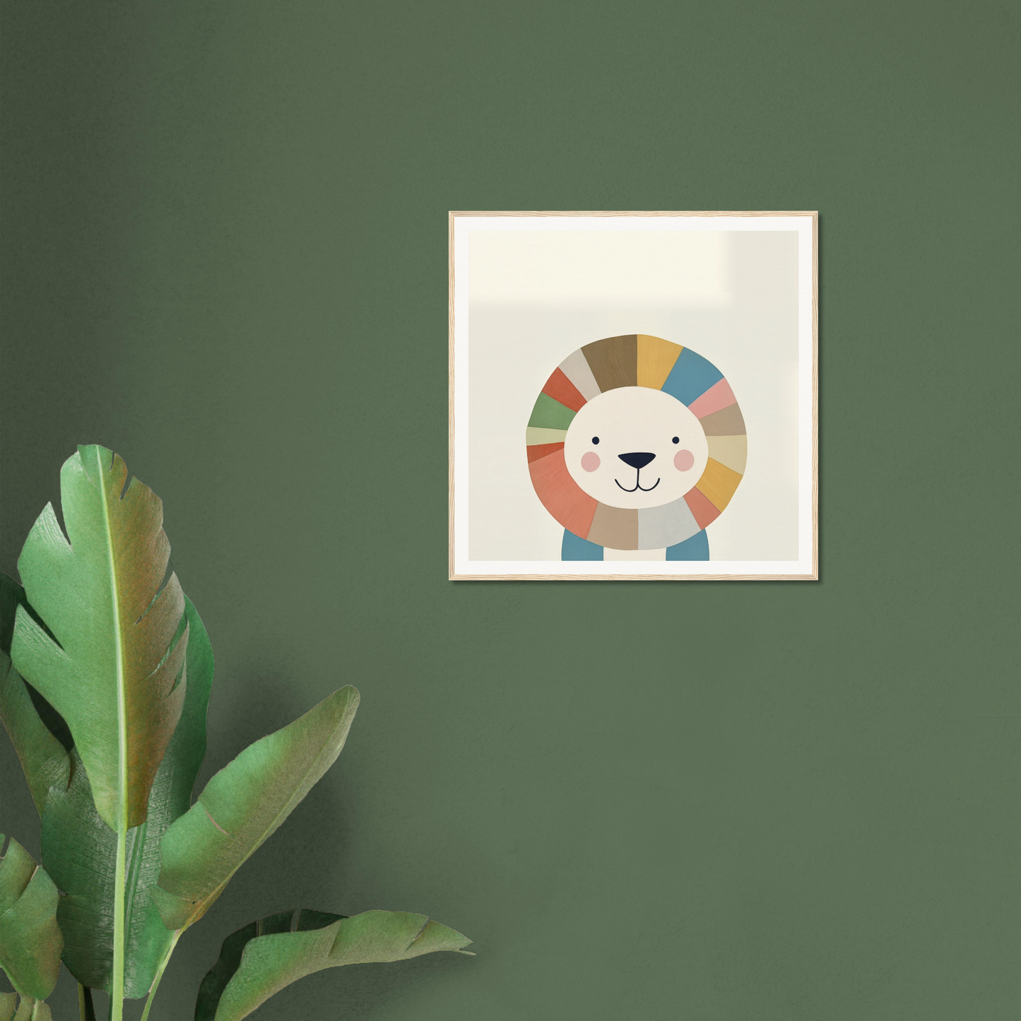 Framed cartoon lion illustration, perfect for nursery wall art and colorful decor
