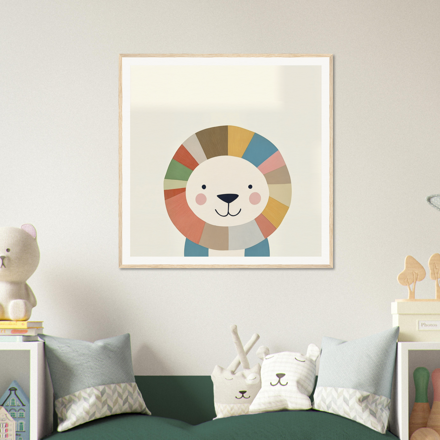 Colorful cartoon lion artwork for fun nursery wall art in a rainbow pattern