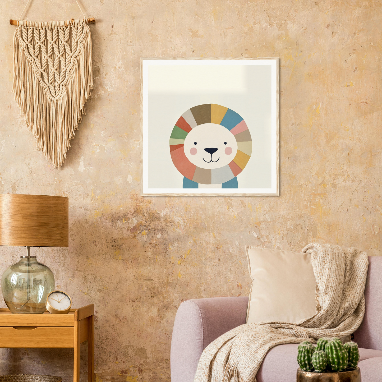Colorful cartoon lion artwork for nursery wall art or decor, perfect framed poster