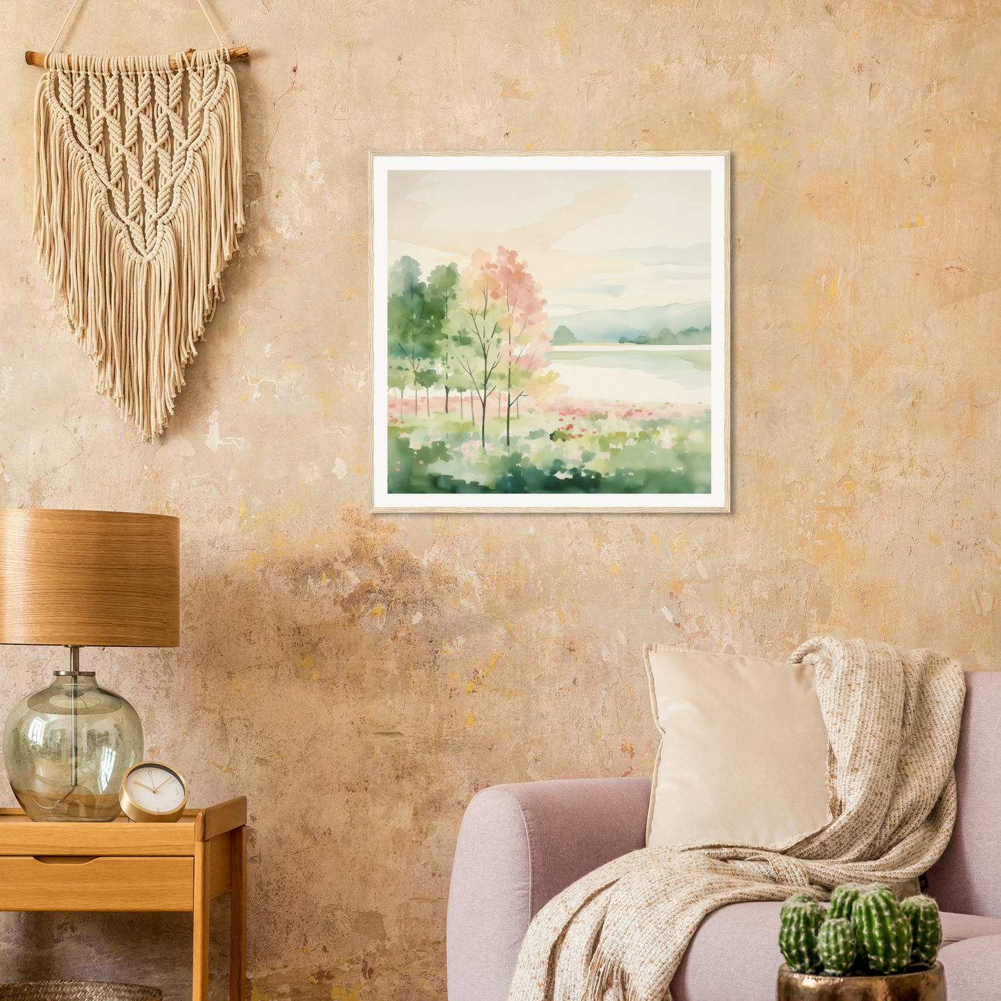 Framed watercolor landscape painting with trees and meadow, perfect for nursery wall art