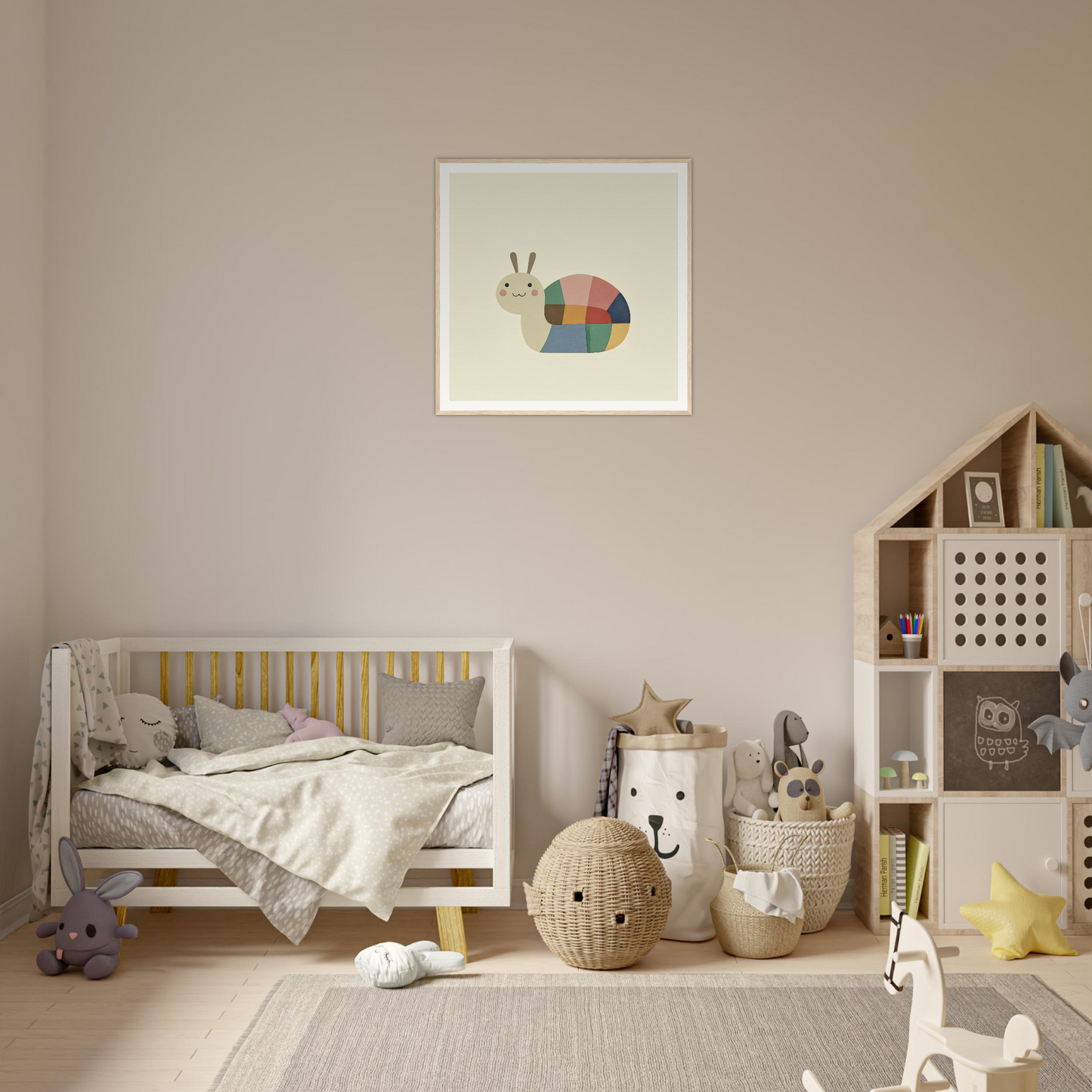 Wooden crib with gray bedding and yellow accents, perfect for nursery decor
