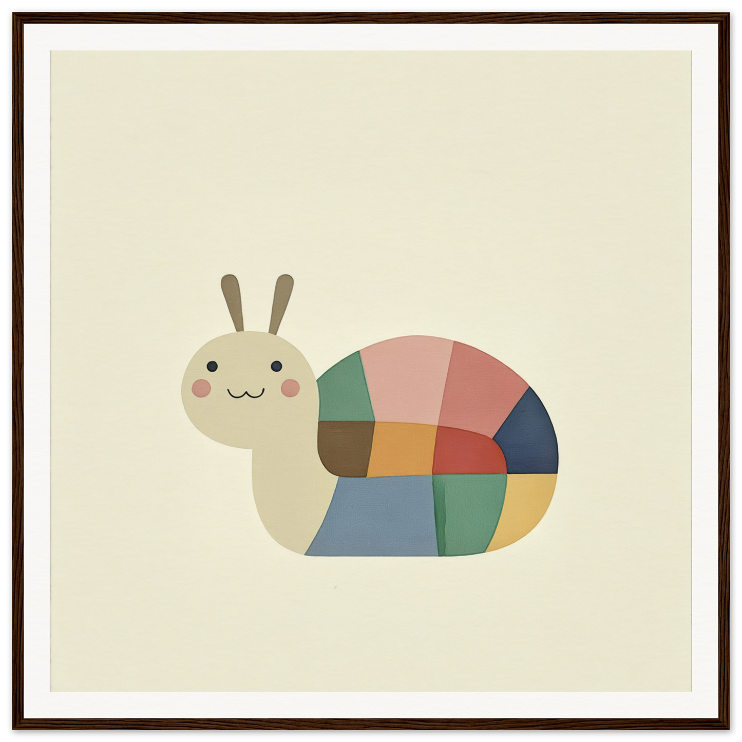 Cute cartoon snail with a patchwork shell for nursery wall art or framed poster