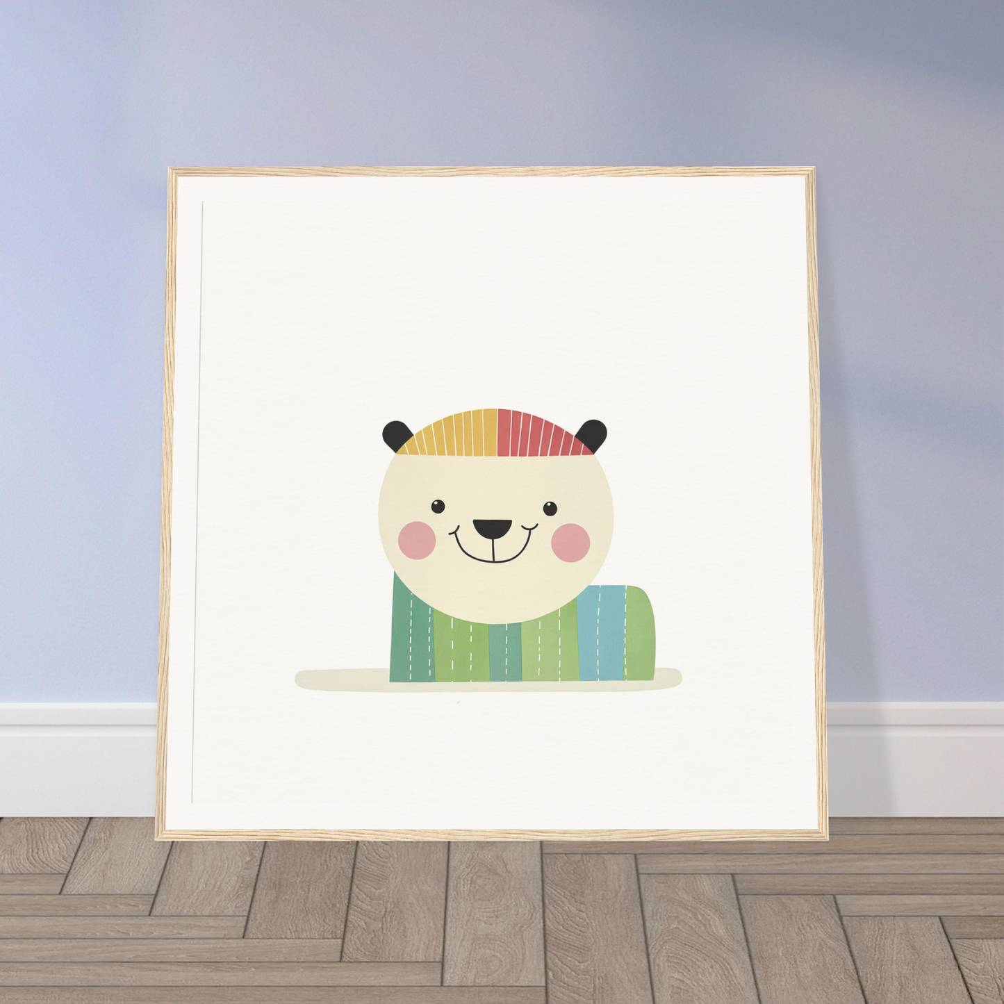 Cute cartoon bear in rainbow sweater, perfect for nursery wall art or decor