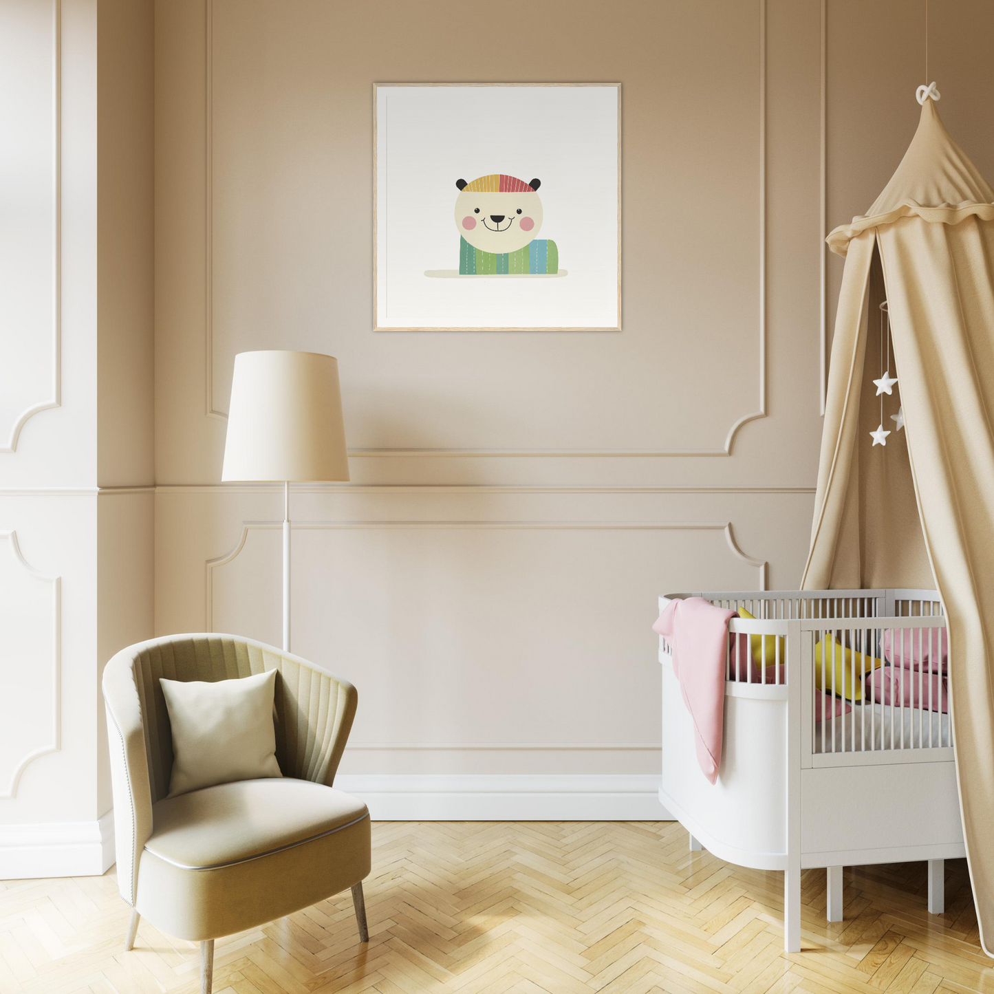 Cozy nursery room with white crib and sage green armchair, perfect for nursery decor