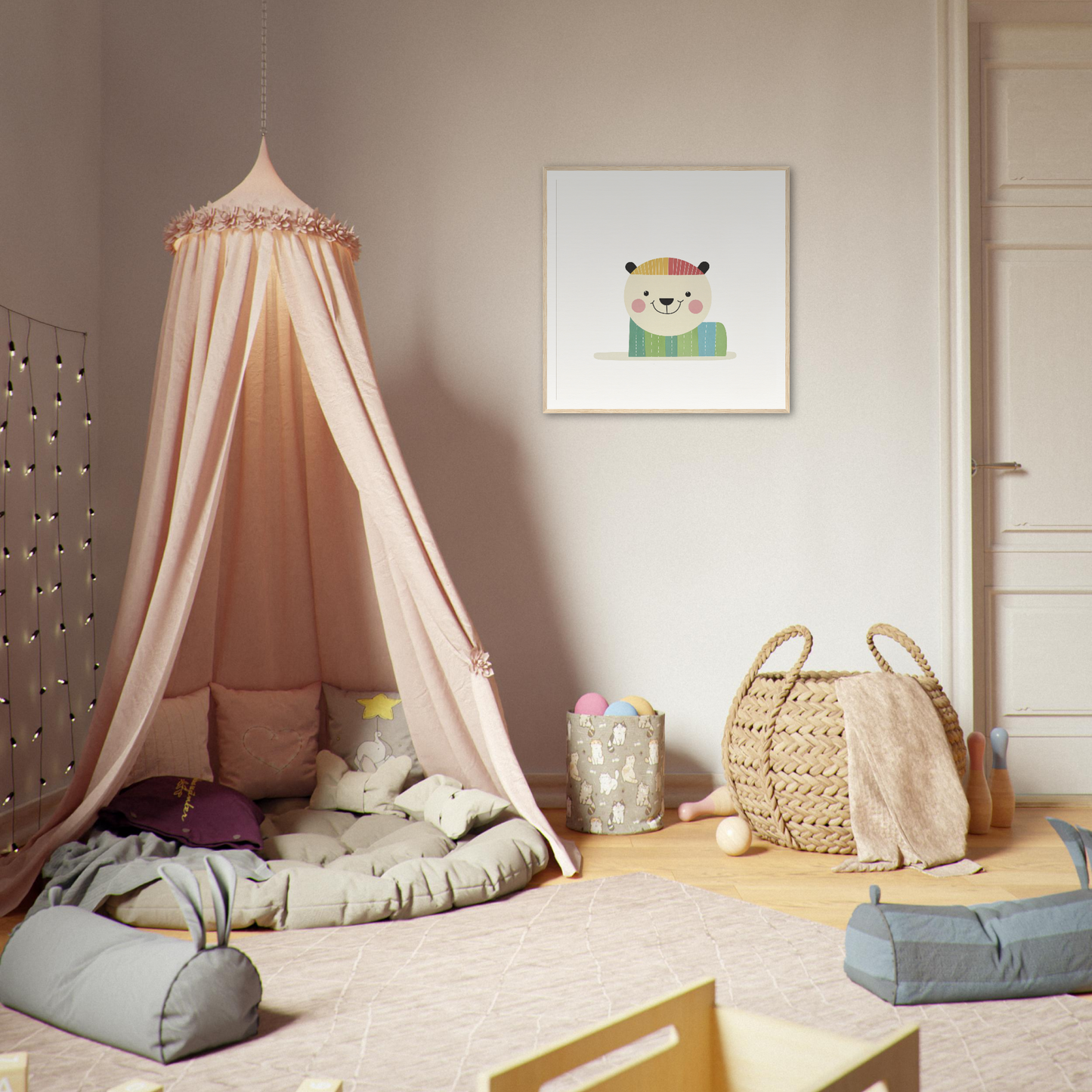 Pink canopy tent with cushions, perfect for nursery decor or cozy playtime vibes