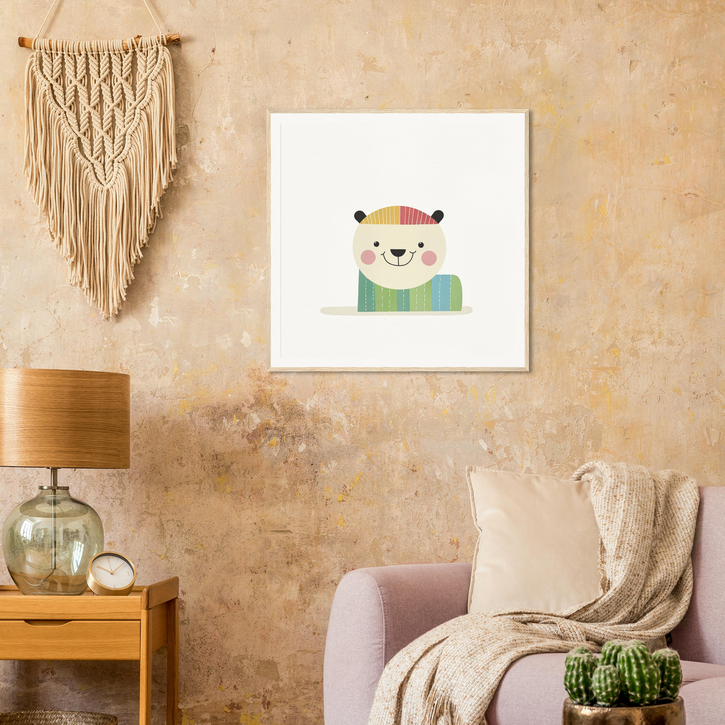 Cute cartoon bear in a green scarf and rainbow hat, perfect for nursery decor